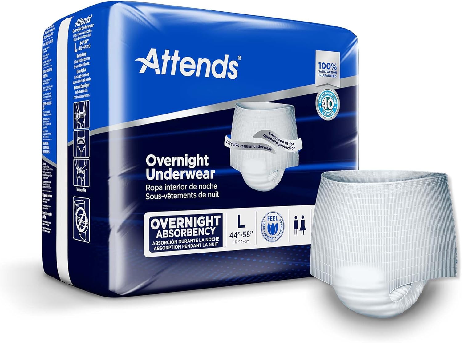 Attends Overnight Underwear for Adult Incontinence Care with ConfidenceCuff™ Protection, Overnight Absorbency, Unisex, Large, 14 Count (x4)