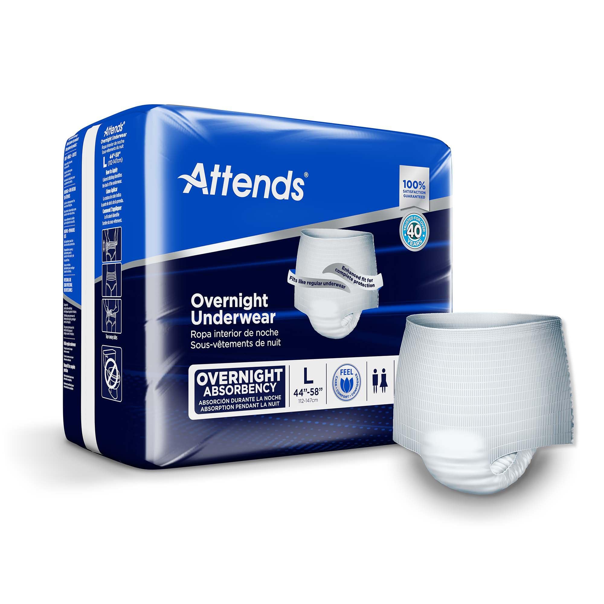 AttendsOvernight Underwear for Adult Incontinence Care with ConfidenceCuff™ Protection, Overnight Absorbency, Unisex, Large, 14 Count (x4)