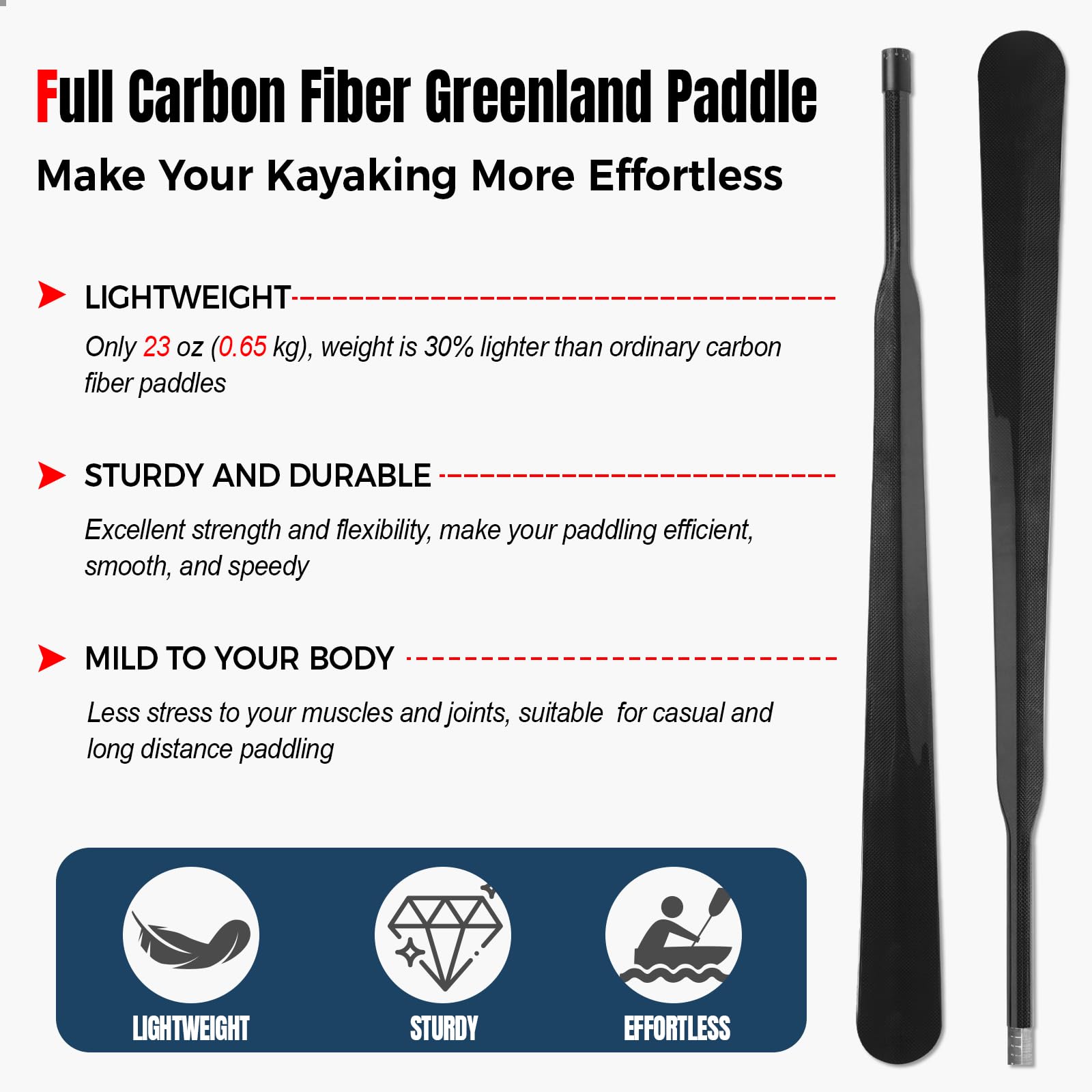 Greenland Paddel aus leichter Kohlefaser mit Paddeltasche, verstellbares Grönland-Kajak-Paddel, 220-230 cm