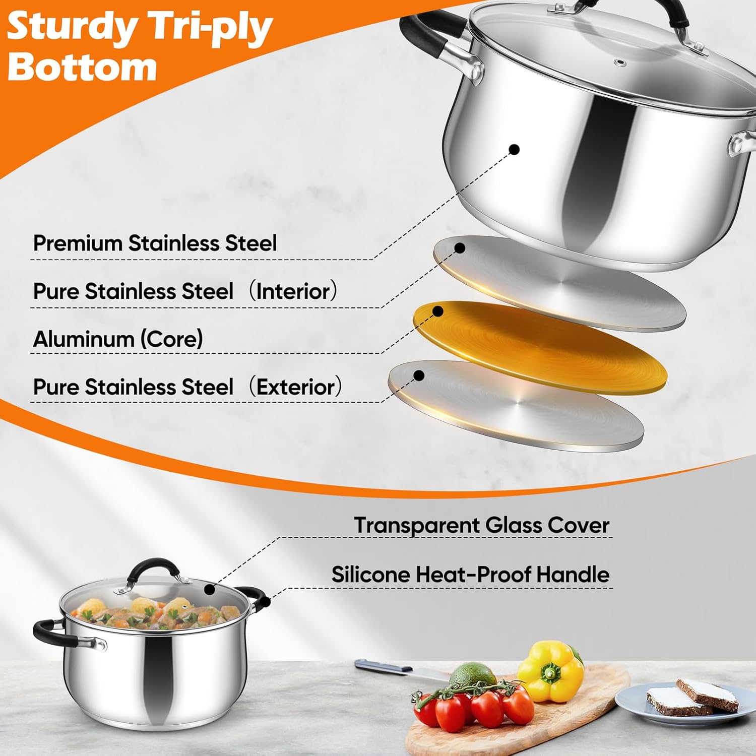 P&P CHEF Stainless Steel Stock Pot, 6 Qt Cooking Soup Pot with Visible Lid for Pasta, Tri-Ply Bottom & Dual Heatproof Handles, For Induction Gas All Stoves, Non-Toxic & Dishwasher Safe - Image 3