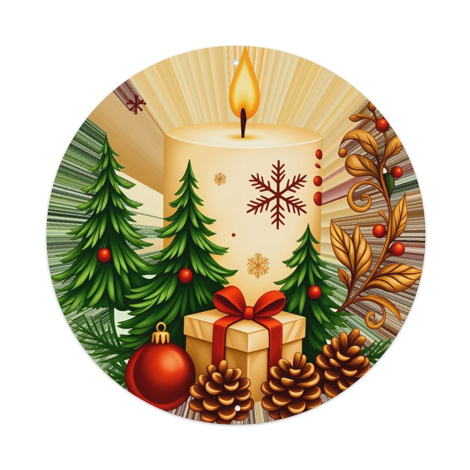 Christmas Candle Tree Gift Pinecone Round Tin Sign Retro Metal Sign for Cafe Bar Pub Home Game Room Gym Club Wall Decoration Vintage Metal Poster 8x8 Inch