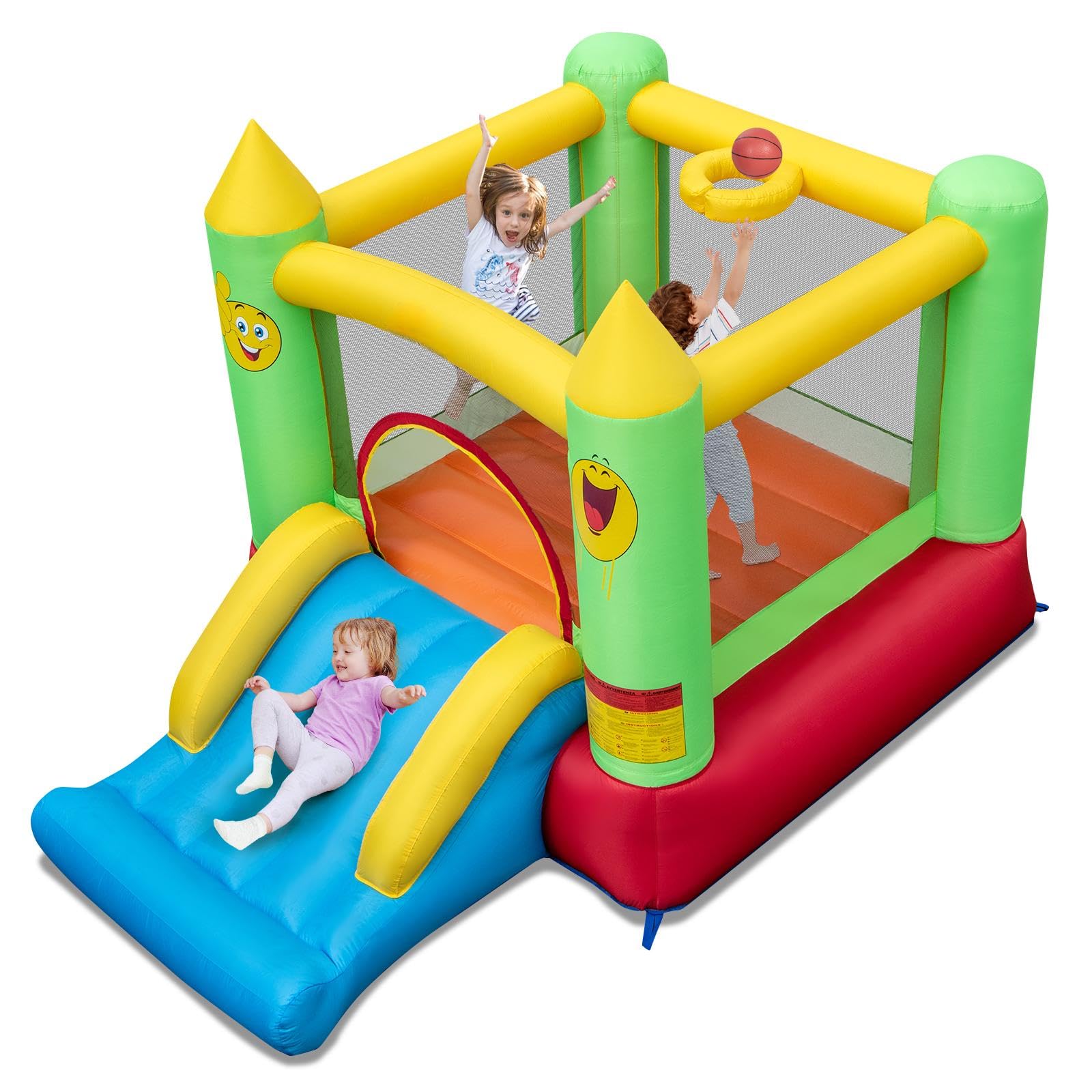 COSTWAY Kids Bouncy Castle, Inflatable Bounce House with Slide, Basketball Hoop, Carrying Bag and Repair Kit, Children Blow Up Jumper for Indoor Outdoor (Smiling Face without Blower)