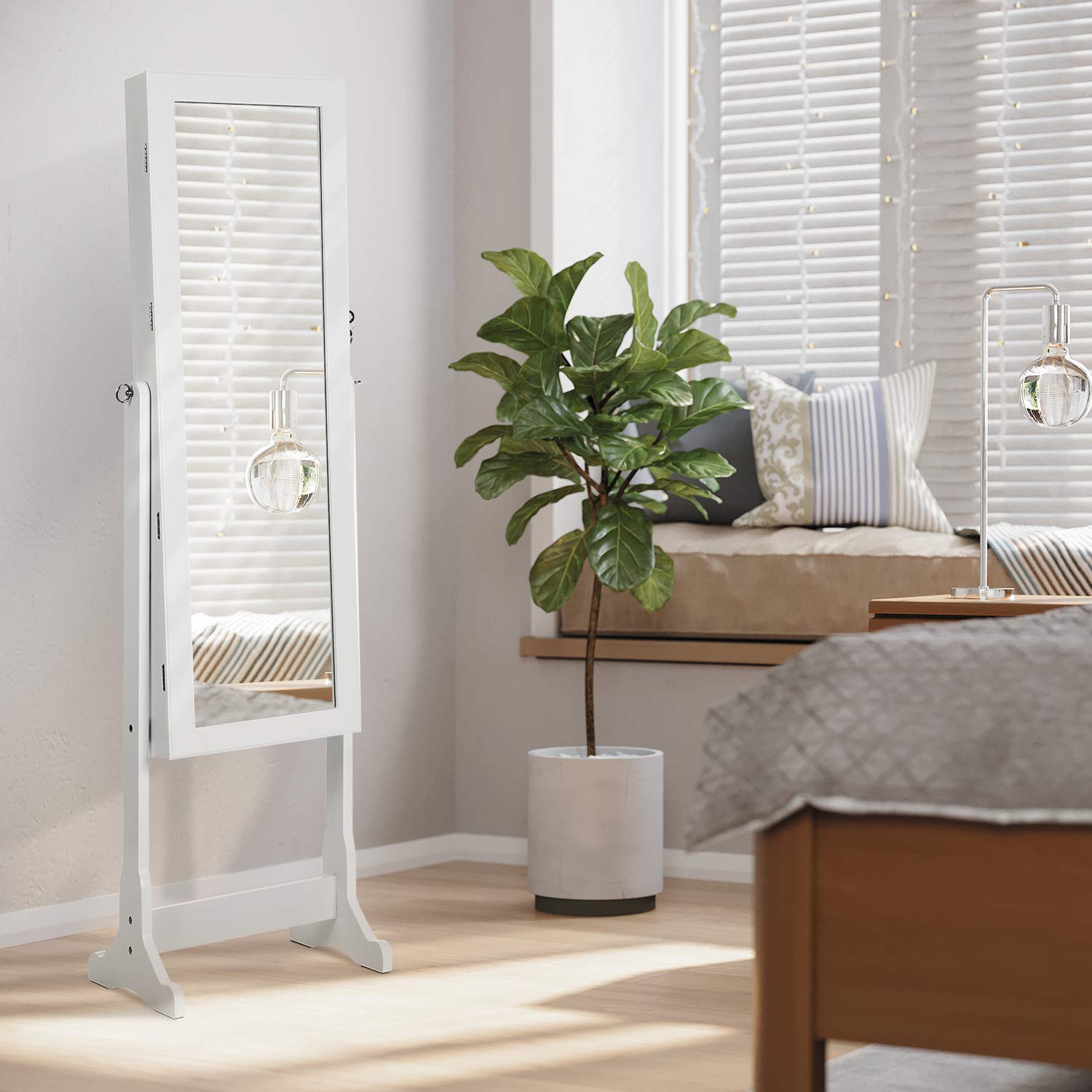 SONGMICS Armadio Portagioie con Luce a LED, Specchiera, Armadietto per Gioielli Bloccabile con Chiavi, 2 Cassetti, Bianco JBC94W