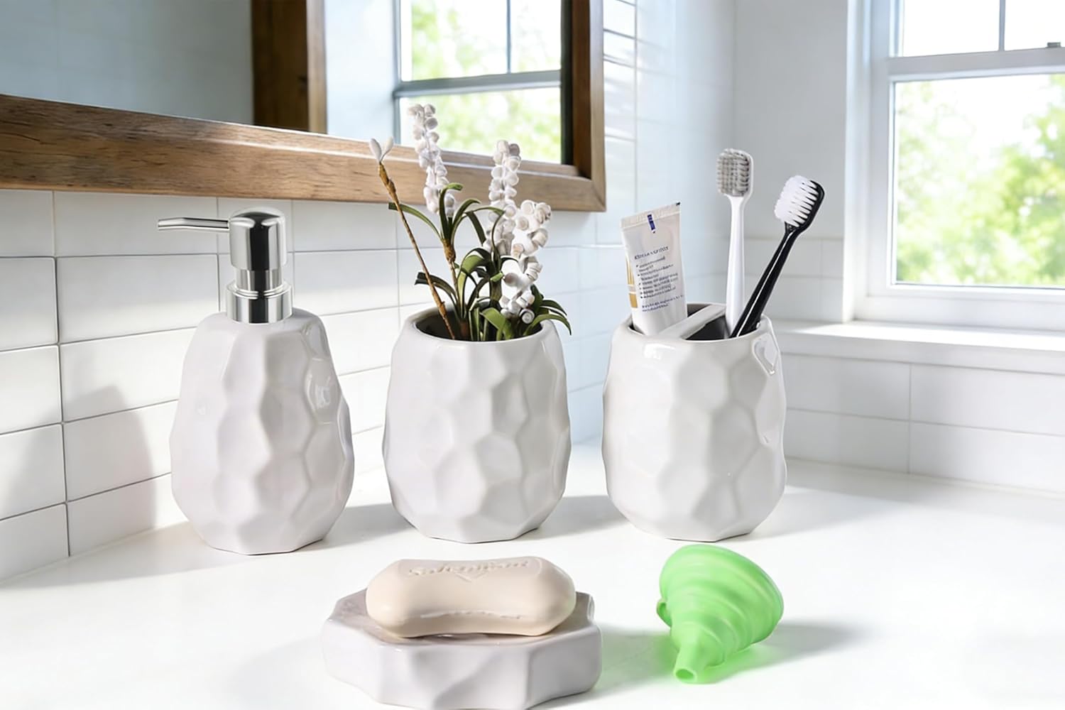 Ceramic Bathroom Accessories Set 4 PCS,Bathroom Toothbrush Holder Set,Soap and Toothbrush Holder Set,Include Toothbrush Holder,Soap Dispenser,Tumbler,Soap Dish,Bathroom Sets Decor Organizer (White) - Image 5