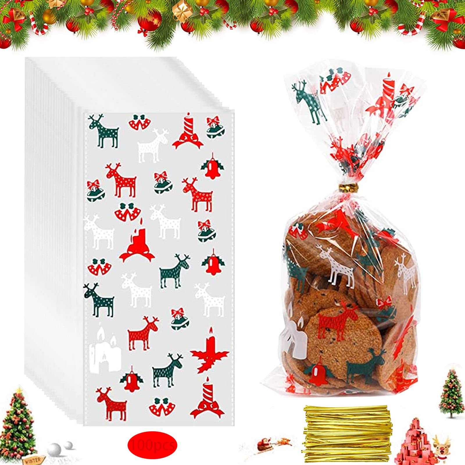 100 Sacchetti Regalo Di Natale In Cellophane Con Fiocchi Di Neve E Laccetti Dorati - 27x13 Cm Per Biscotti E Caramelle