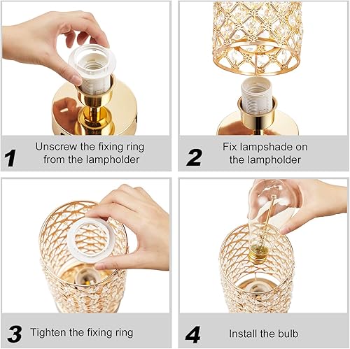 Miniatura 9 de Lámpara de mesa de cristal, lámpara dorada para dormitorio con puertos de carga USB-C y USB-A, luz regulable de 3 vías con pantalla de cristal