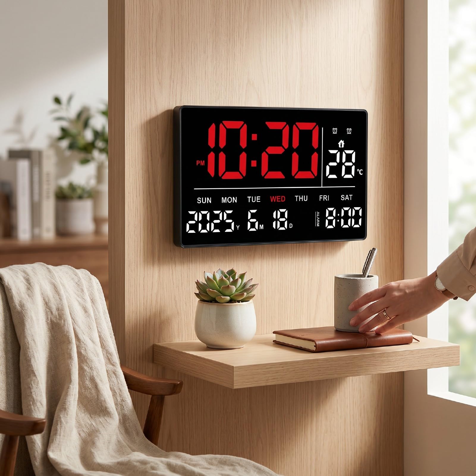 Brrnoo Orologio da Parete Digitale LED, Sveglia con Display Rosso Bianco Ora Data Temperatura Calendario Luminosità Regolabile for Casa Ufficio Scrivania