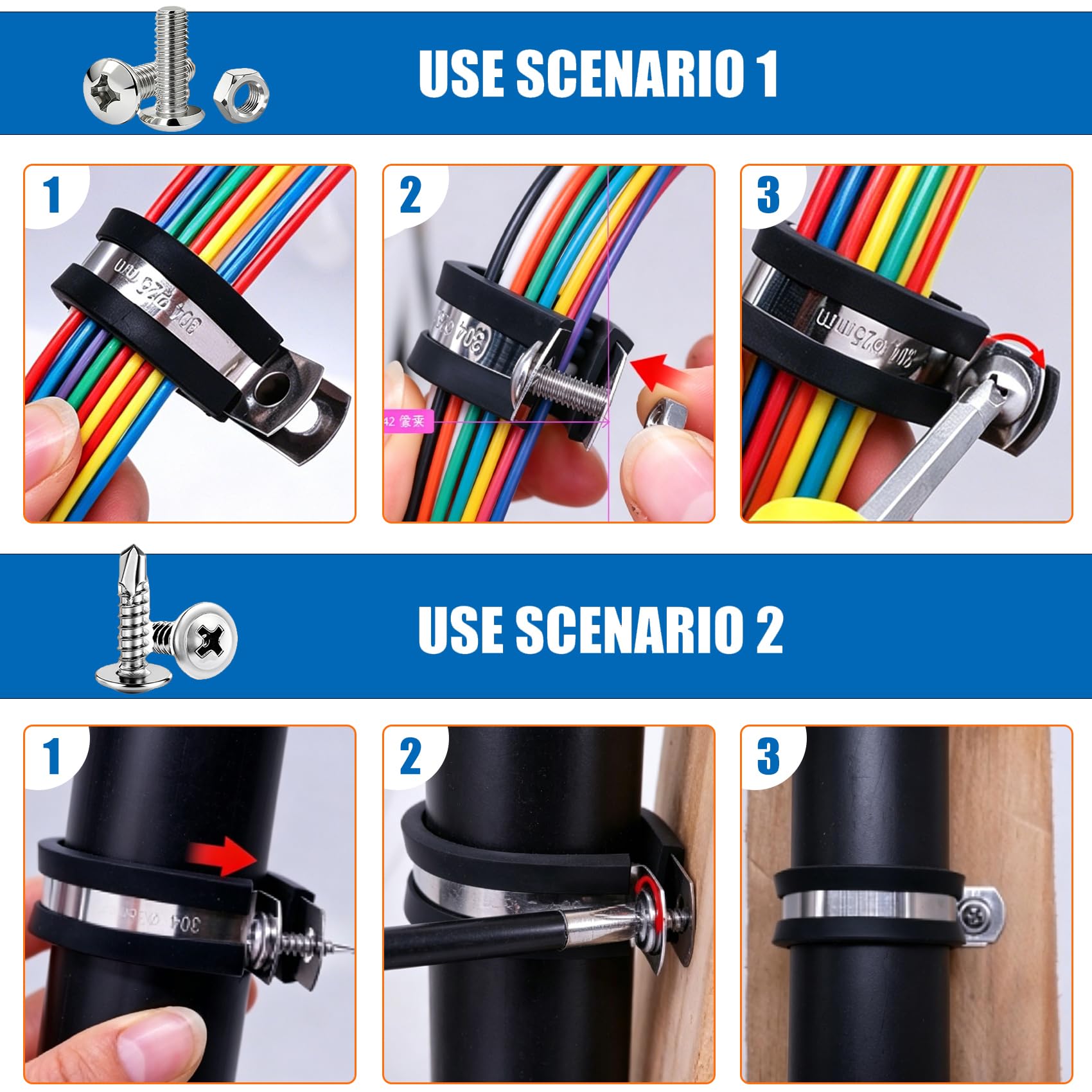 Taiss Kit di 110 morsetti per cavi, 1/4", 5/16", 3/8", 1/2", 5/8", 3/4", 1", 1-1/4", 1-1/4", 1-1/2", 1-3/4", 1-3/4", 10 misure Morsetti, 30 Kit assortito di 4 morsetti per cavi in acciaio inox con