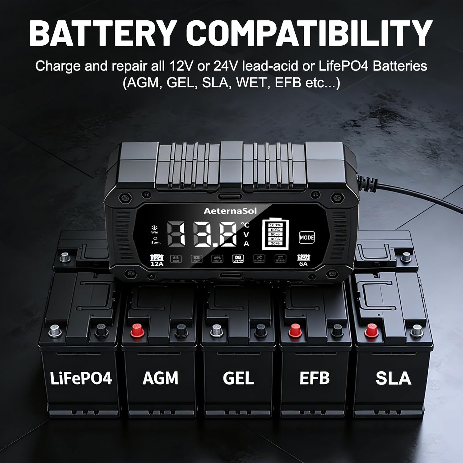 12V 24V Smart Battery Charger, 12A Efficient Fully Auto Battery Maintainer with Pulse Repair & LCD for Lithium-ion LiFePO4 & Lead-Acid, Car Truck Automobile Battery Charger for Motorcycle ATV RV Boat
