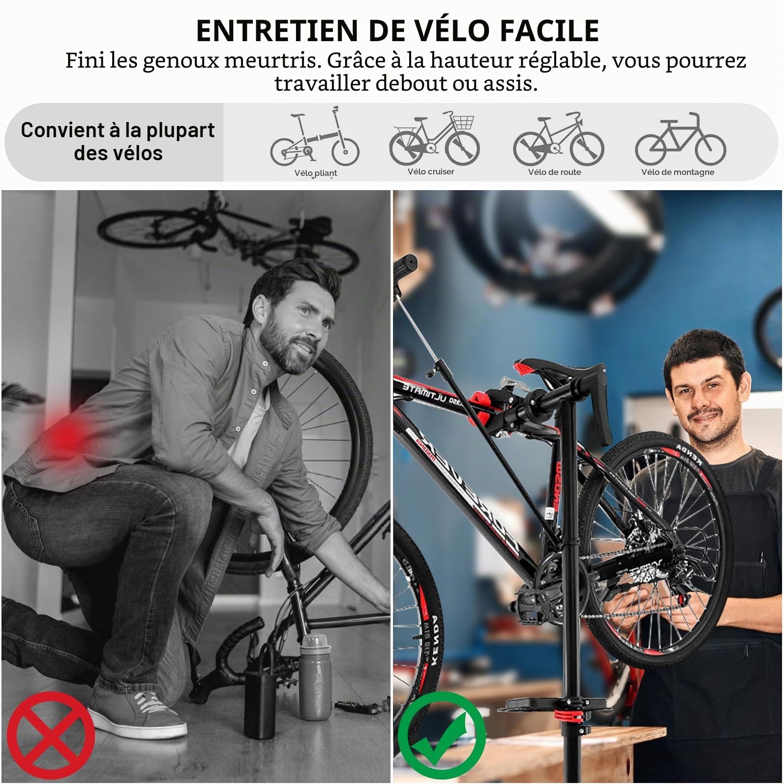 Support de Réparation Vélo 50 kg Pliable – Pied d’Atelier en Acier, Pince Rotative 360°, Hauteur Réglable 94–157 cm, Plateau Magnétique & Gants Inclus – Idéal pour VTT, Vélo de Route & E-Bike