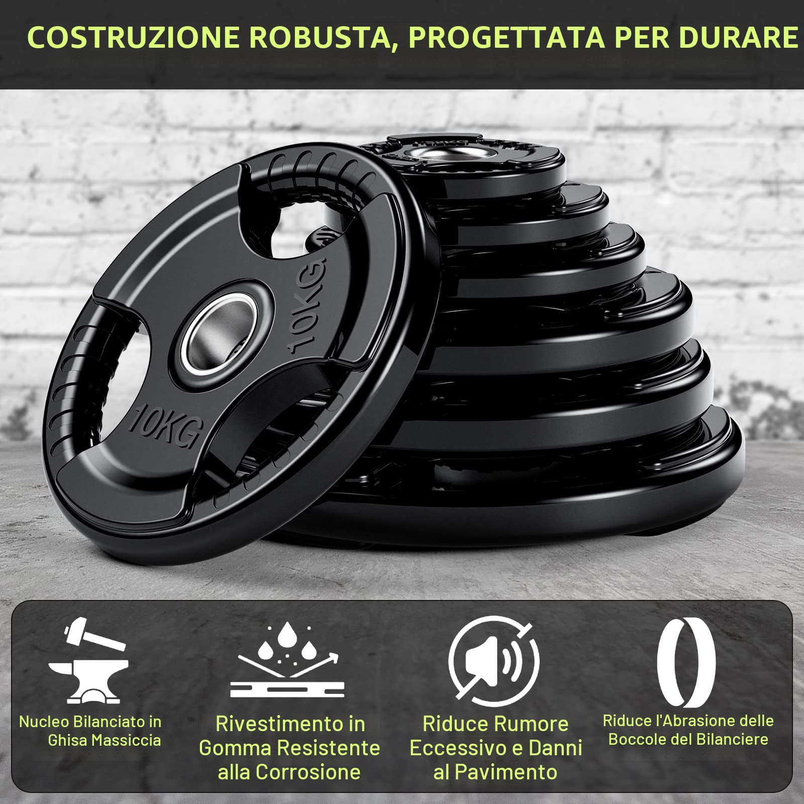 PhysKcal Dischi Pesi Finitura in Gomma Foro Ø50 mm, Dischi Ghisa Gommati Olimpionici Set a Scelta da 1,25 A 25 kg, Tri-Grip Impugnatura - Piastra per Bilanciere, Manubri, Fitness, Allenamento a Casa