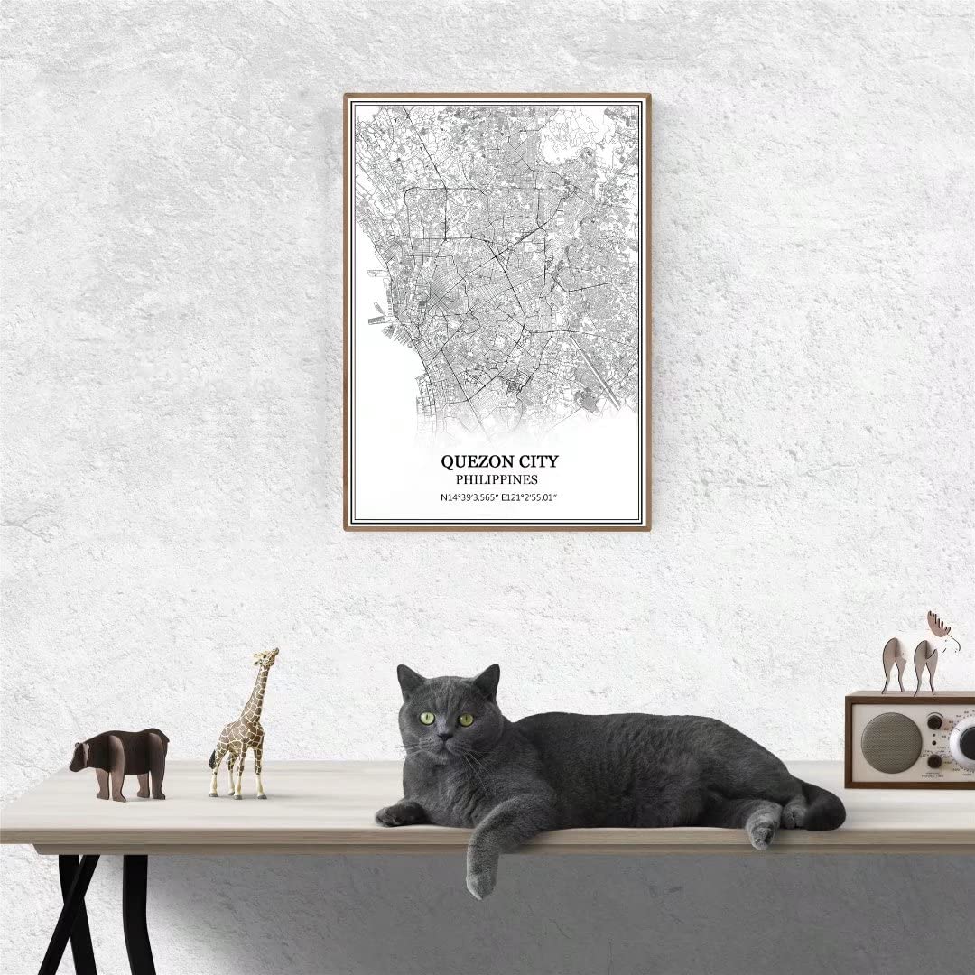 Quezon Miasto Filipiny mapa sztuka ścienna płótno druk plakat grafika nieoprawiona nowoczesna czarno-biała karta pamiątka prezent dekoracja domu 61 x 92 cm