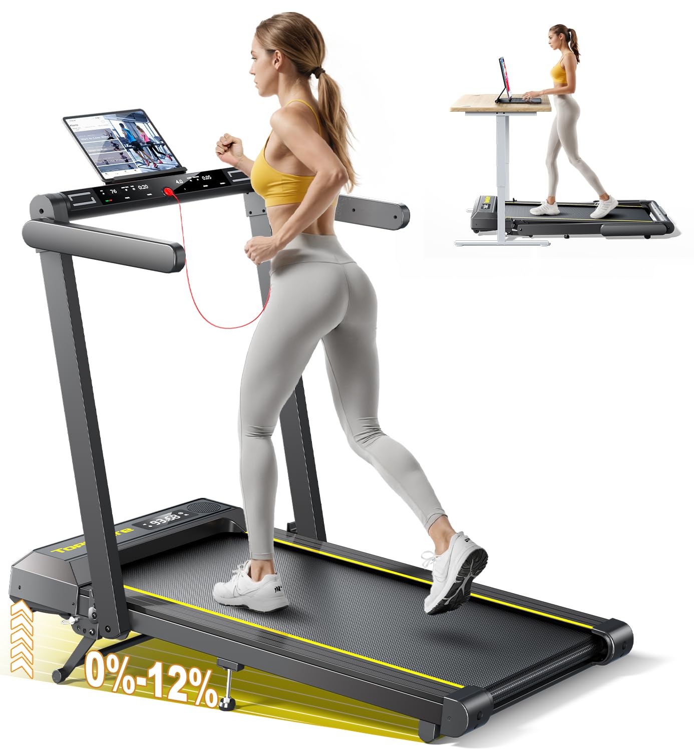Tapis de Course, vitesse16 km/h, réglage de l'inclinaison à 3 Vitesses, maximale 12%, Bande de Course de 42 cm，électrique Pliable, Double écran LED, Mesure de la fréquence Cardiaque, contrôle par APP