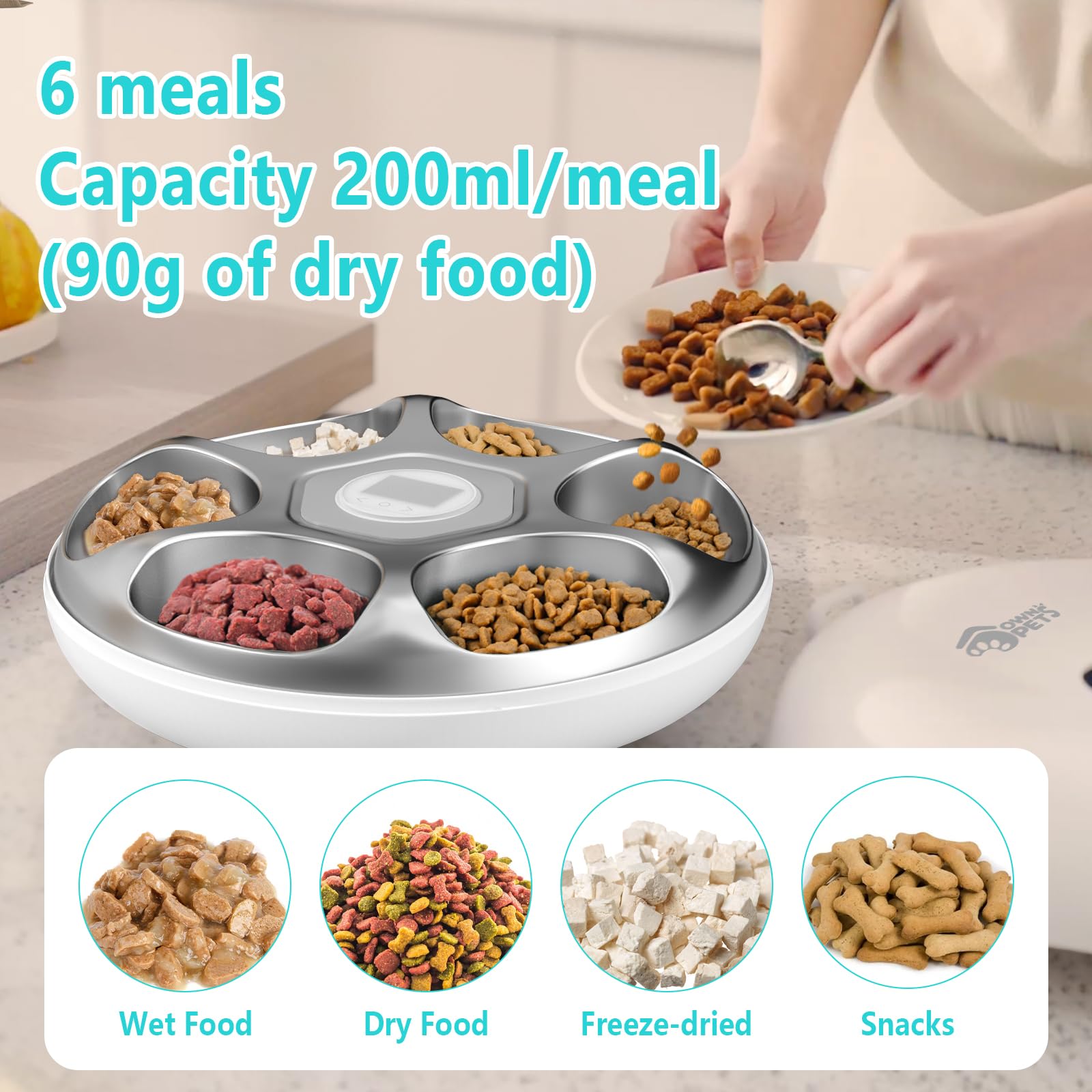 Ownpets Alimentatore automatico per animali domestici con timer in acciaio inossidabile | Cibo umido, alimentatore USB a batteria, due confezioni di ghiaccio, 6 pasti ciascuno 0,2 kg