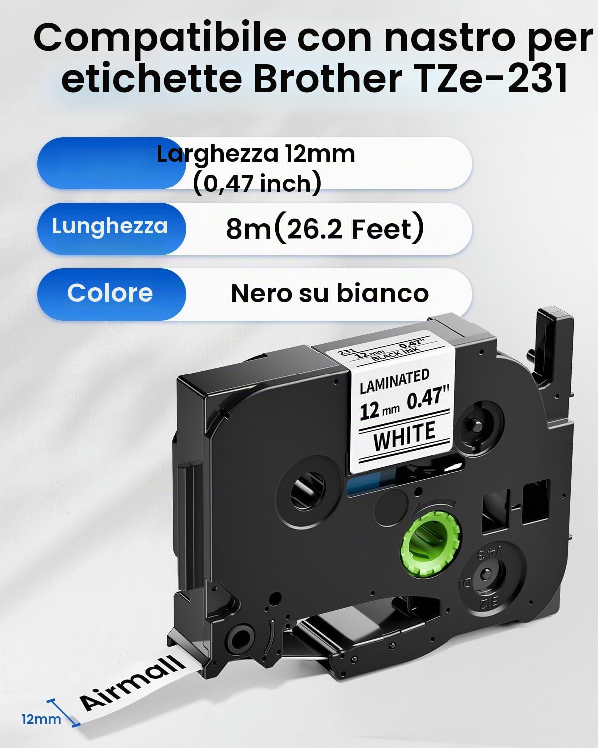 Nastro per Etichette Compatibile con Brother P-touch TZ Tape 12mm 0.47 | TZe-231 Ricarica Etichettatrice AZe-231 per Brother P-Touch H105 H107 H110 1000 7100, Nero su Bianco, 6PACK