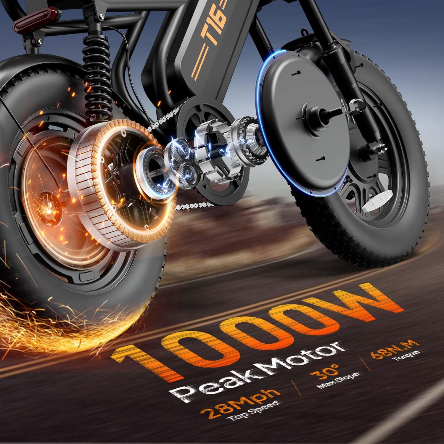 URLIFE Electric Bike for Adults/Teens, 1000W Peak Motor Electric Dirt Bike, 48V 13AH E-Bike, Up to 60 Miles Range, 16" Fat Tire Off-Road Electric Bike, UL 2849 Certified