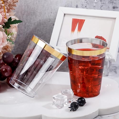 Miniatura 9 de DaYammi Paquete de 200 vasos de plástico dorado de 10 onzas, vasos de plástico transparente con borde dorado, desechables, vasos de vino desechables