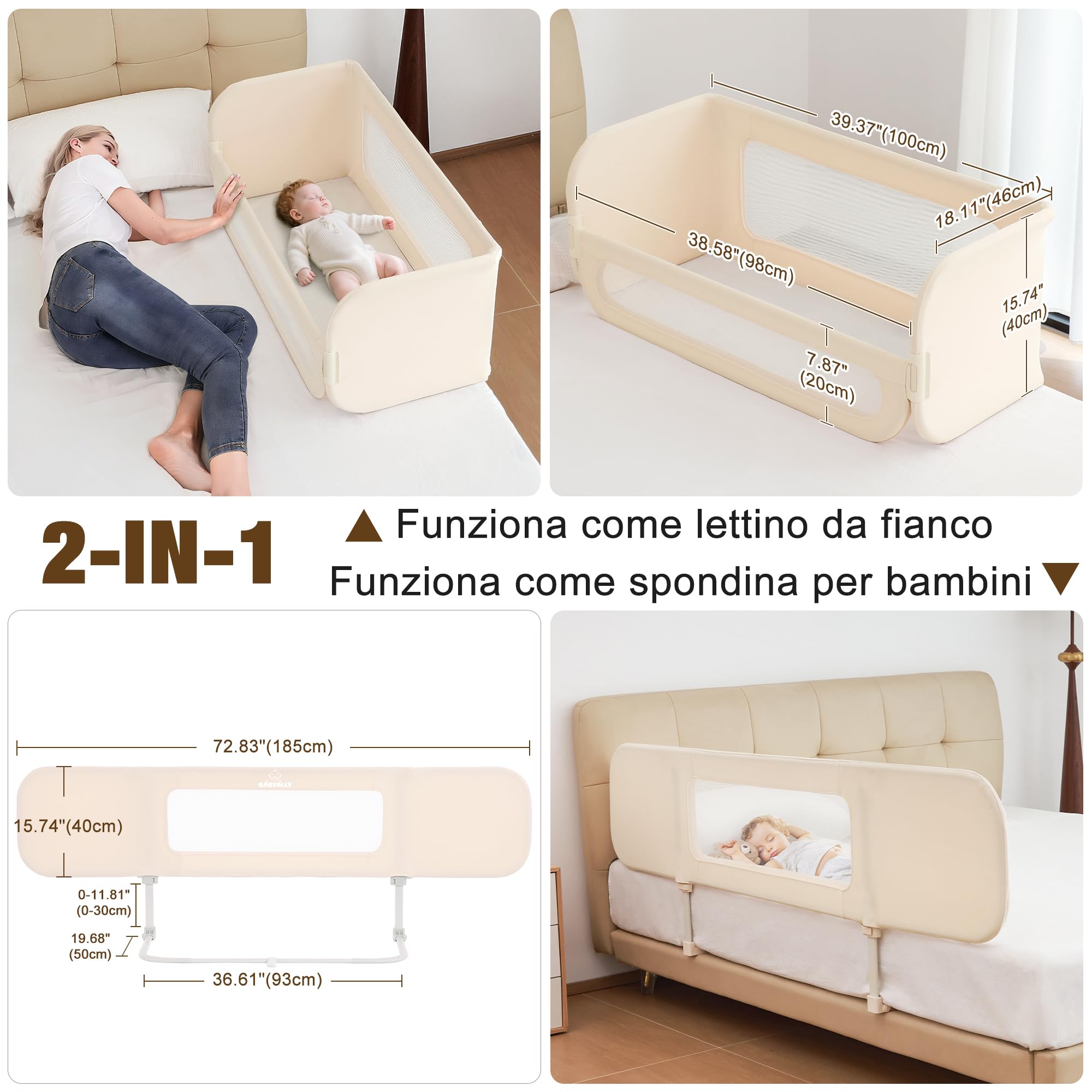 Sponda Letto Bambini 2 in 1 Pieghevole 185cm, Sbarra Letto Barriera Lettino o Cododo Lettino con Borsa Trasporto per Viaggi o Vacanze, Senza Installazione, Facile da Trasportare - Crema