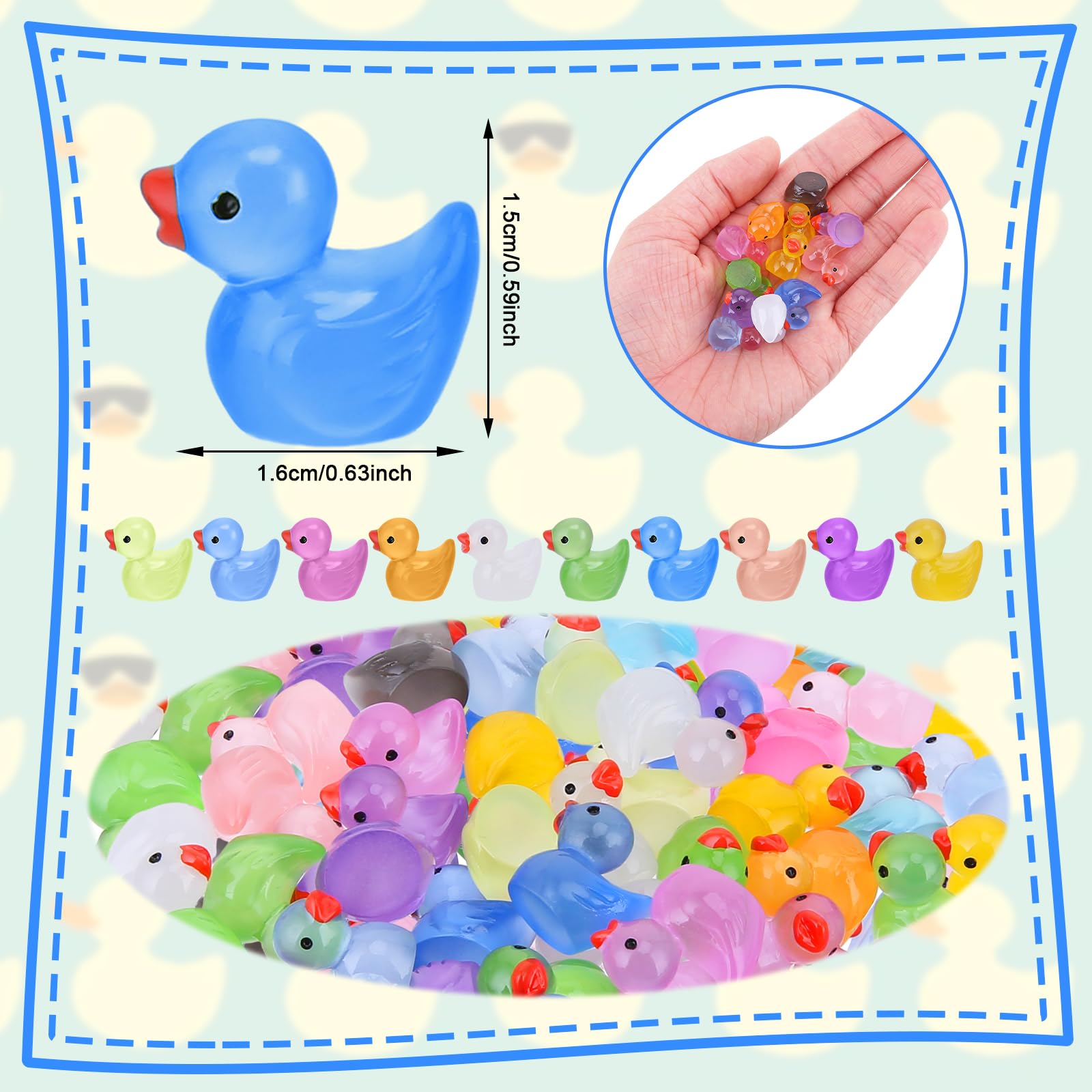 Mini Resin Ducks 50Pcs Miniature Ducks with Sunglasses Bulk Tiny Plastic Ducks to Hide 10 Colors Little Ducks for DIY Dollhouse Garden Decor (Luminous Duck-50Pcs)