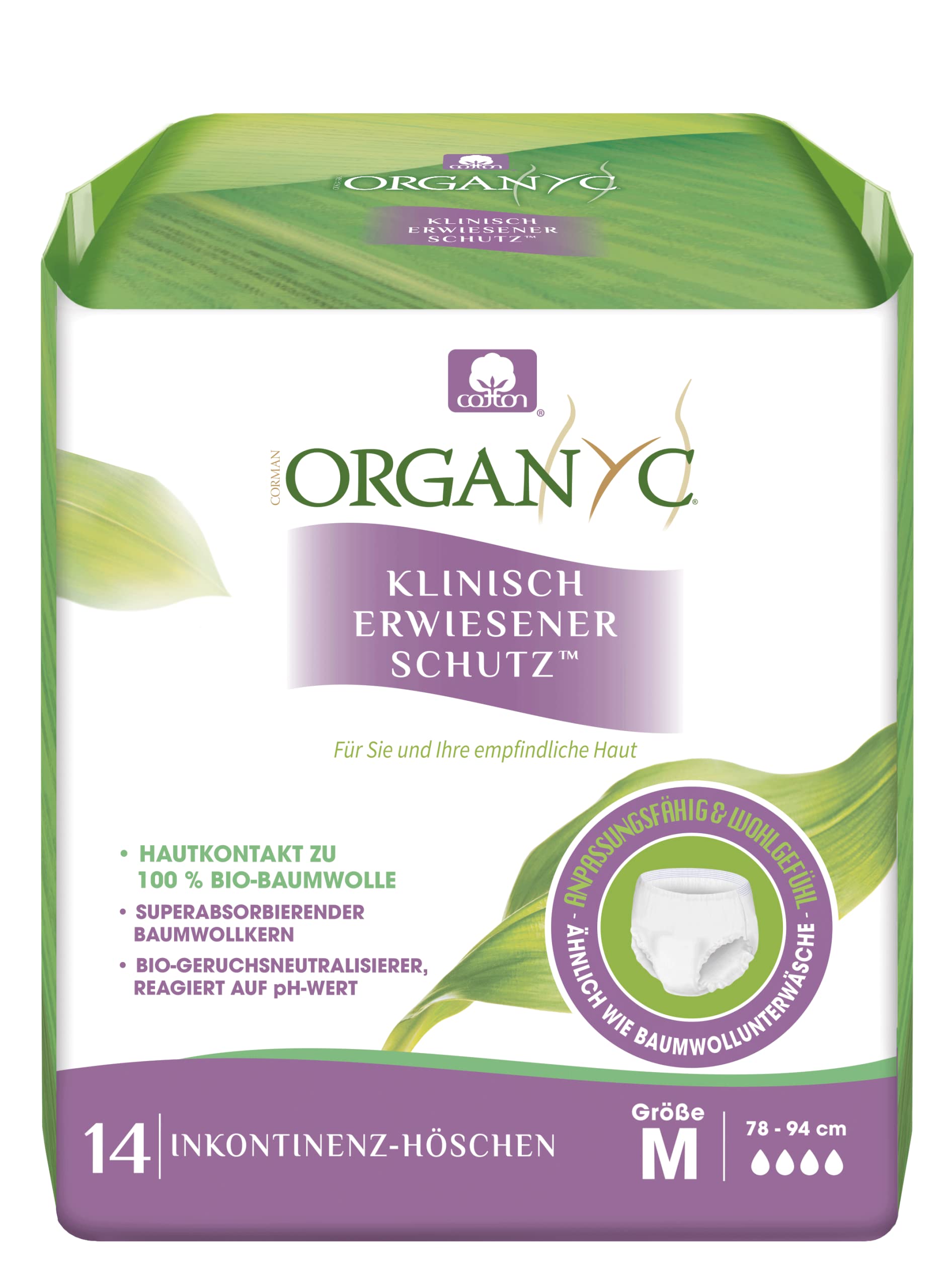 Organyc - Bielizna z bawełny organicznej – chroni przed niechcianą utratą moczu i nieprzyjemnymi zapachami, rozmiar M, 14 sztuk