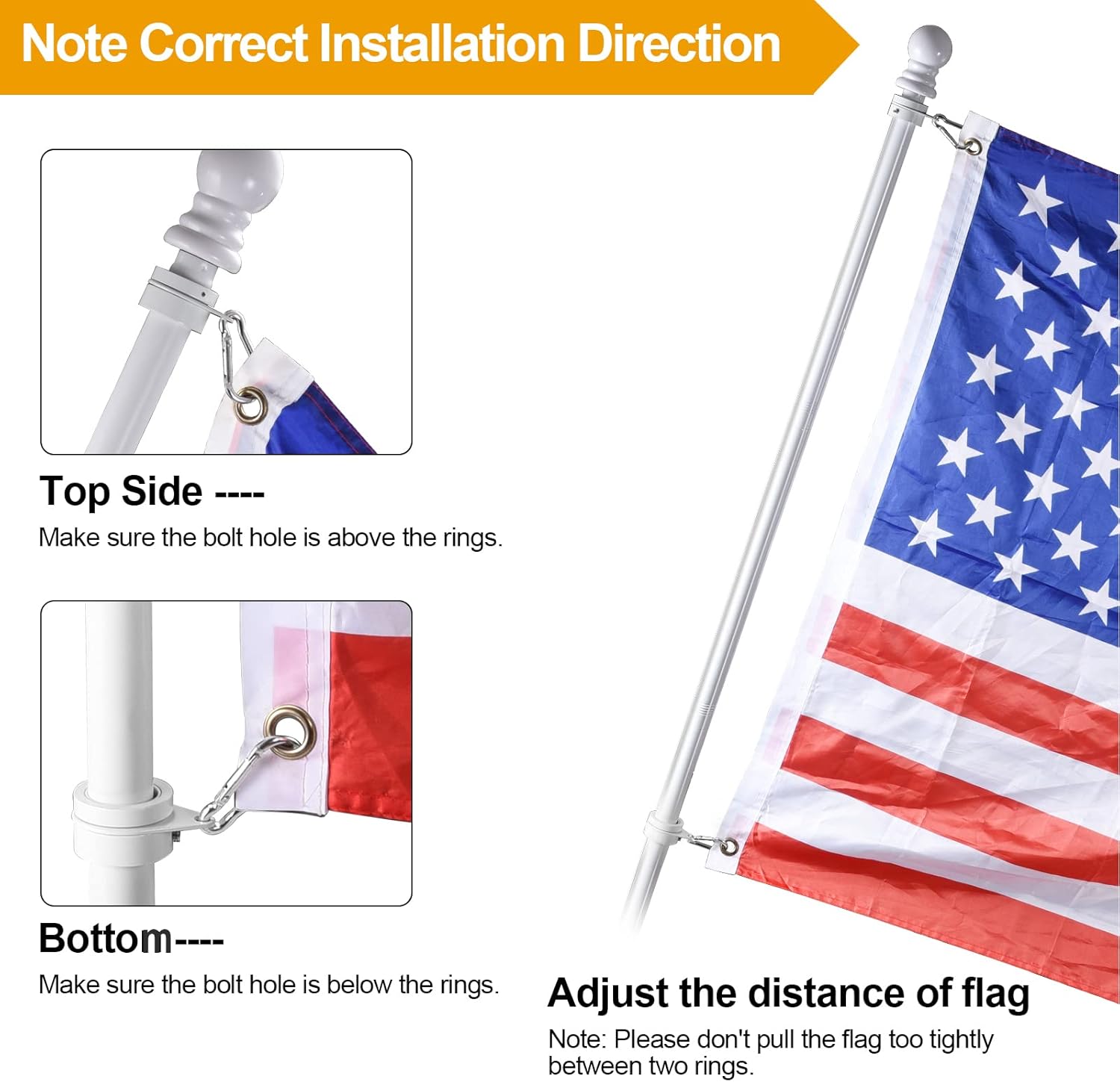 White Flag Pole Kit for Outside House, 6 FT Thickened Stainless Steel Wall Mount Flag Pole for 3x5'/ 4x6' American Flag, 1" Anti-Wrap Spinning Flagpole Rings Hardware Kits for Porch Yard - Image 7