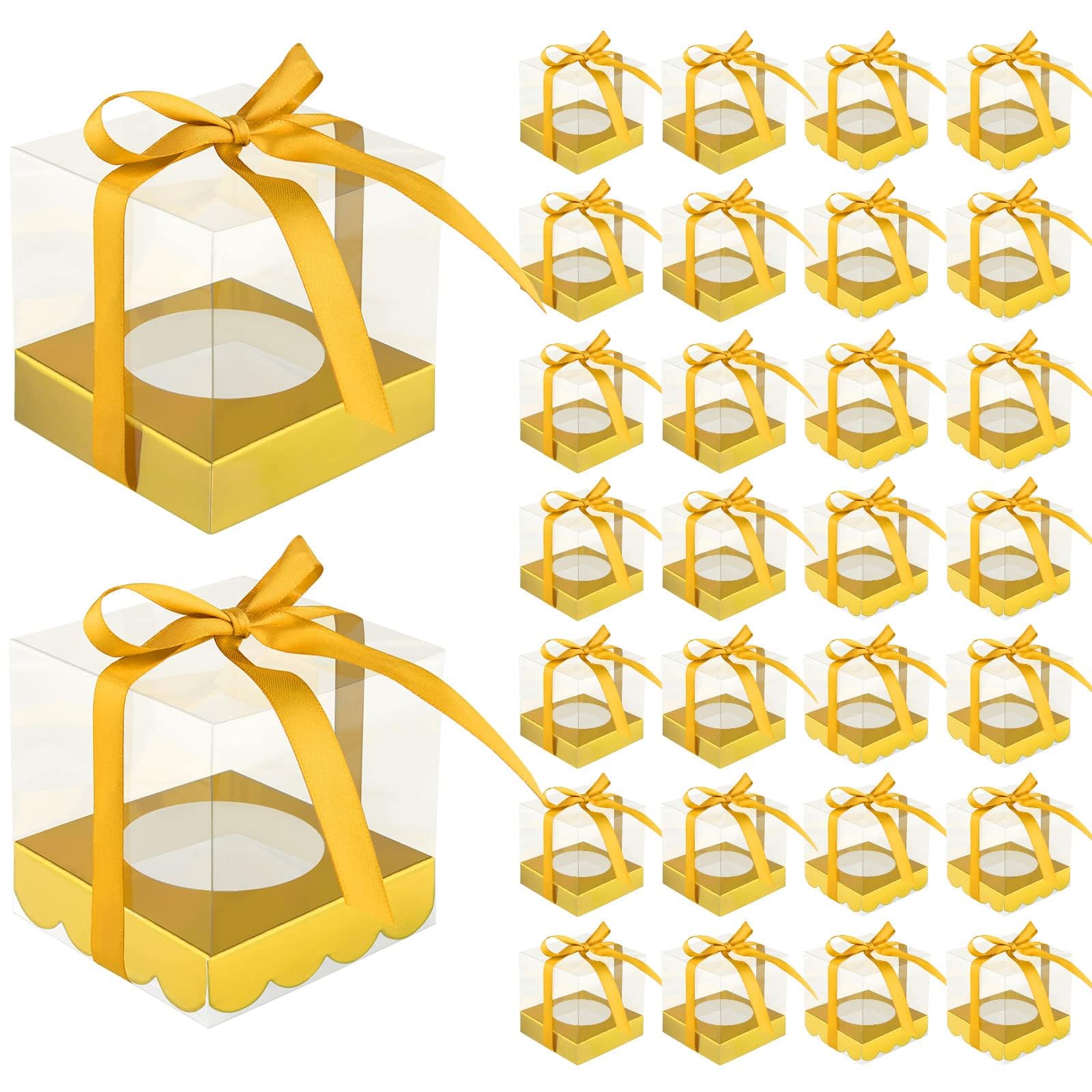 SYOSI 30 Pcs Clear Cupcake Boxes, Plastic Cupcake Container, 3.5 Inch Individual Cupcake Carrier, Single Cupcake Box with Gold Satin Ribbon and Tray for Cake, Dessert (Gold)