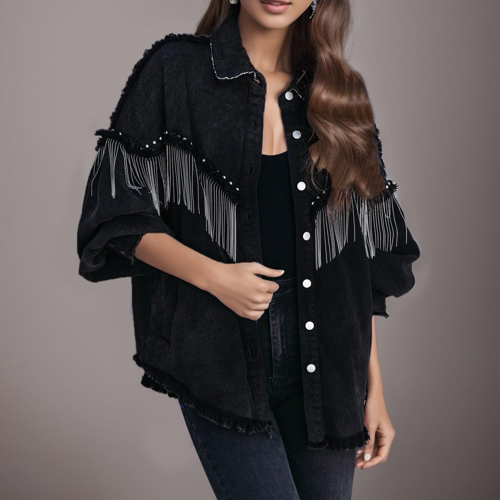 Jeansjacke Damen Oversized Denim Jacke Lässige ausgefranste Quaste Schwarze Jeansjacke für Frauen Mode Fransen Strass Cowgirl Jeans Mäntel Cowgirl-Jeansjacke Langarm Strickjacke Streetwear