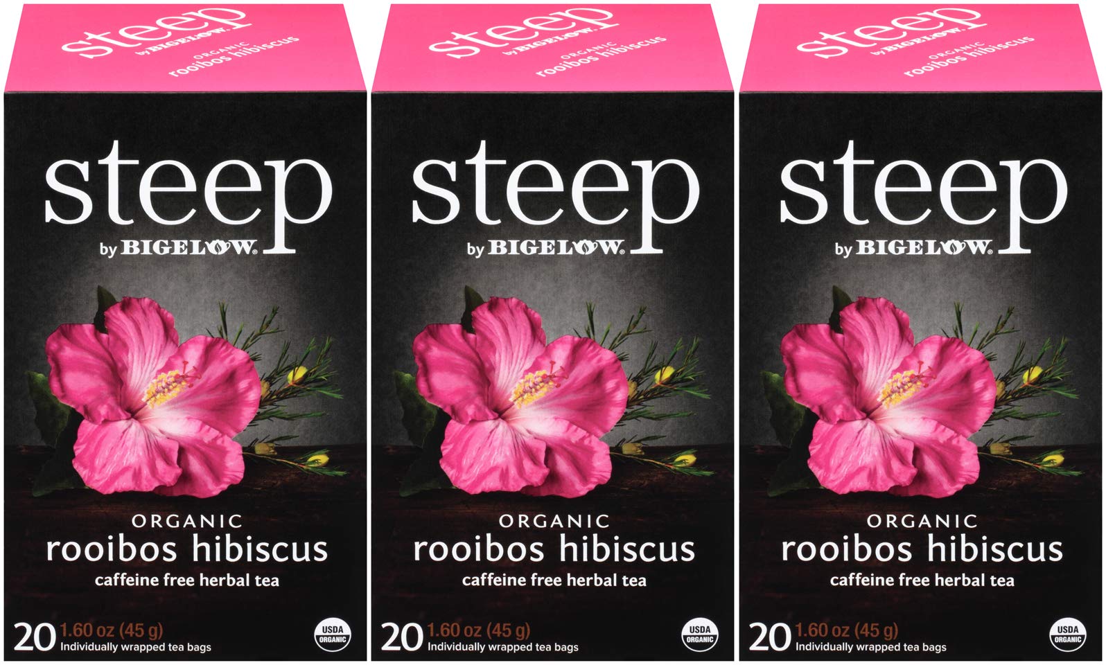 steep Organic Rooibos Hibiscus Herbal 20 Count Box (Pack of 3), Certified Organic, Gluten-Free, Kosher Tea in Foil-Wrapped Bags