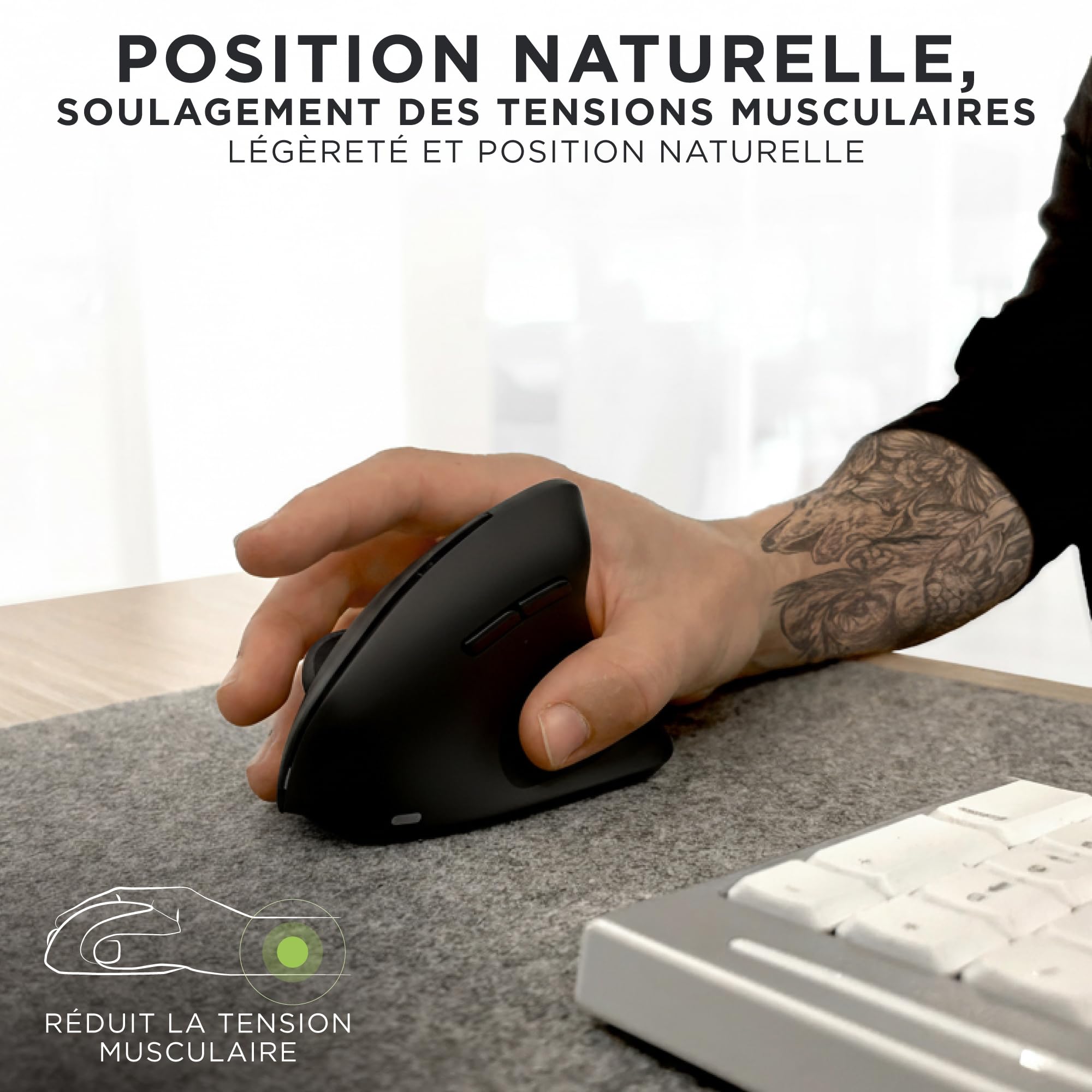 T'nB - Ergo Light Souris Ergonomique sans Fil Verticale, Double Connexion Bluetooth Et Dongle 2,4 Ghz, Ultra Légère, Rechargeable, 6 Boutons, DPI Réglable - Noir