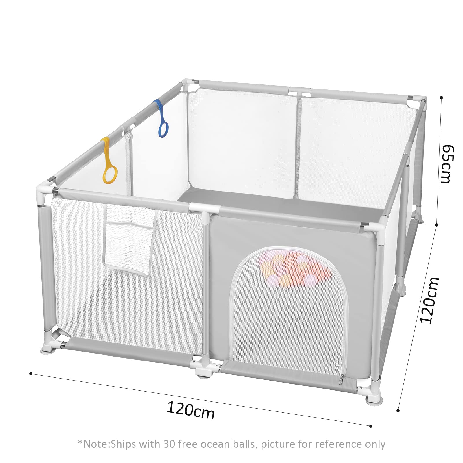 Parc Bébé Démontable Lavable avec 30 Balles, 120x120 cm, Intérieur Extérieur, Grille Protection Gris