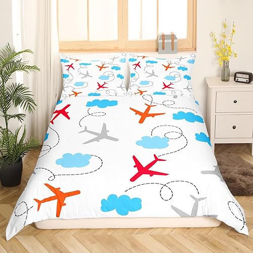 Vista 38 de Erosebridal Funda de edredón de avión de dibujos animados, tamaño matrimonial, juego de ropa de cama de aviones para niños, lindo amarillo, verde
