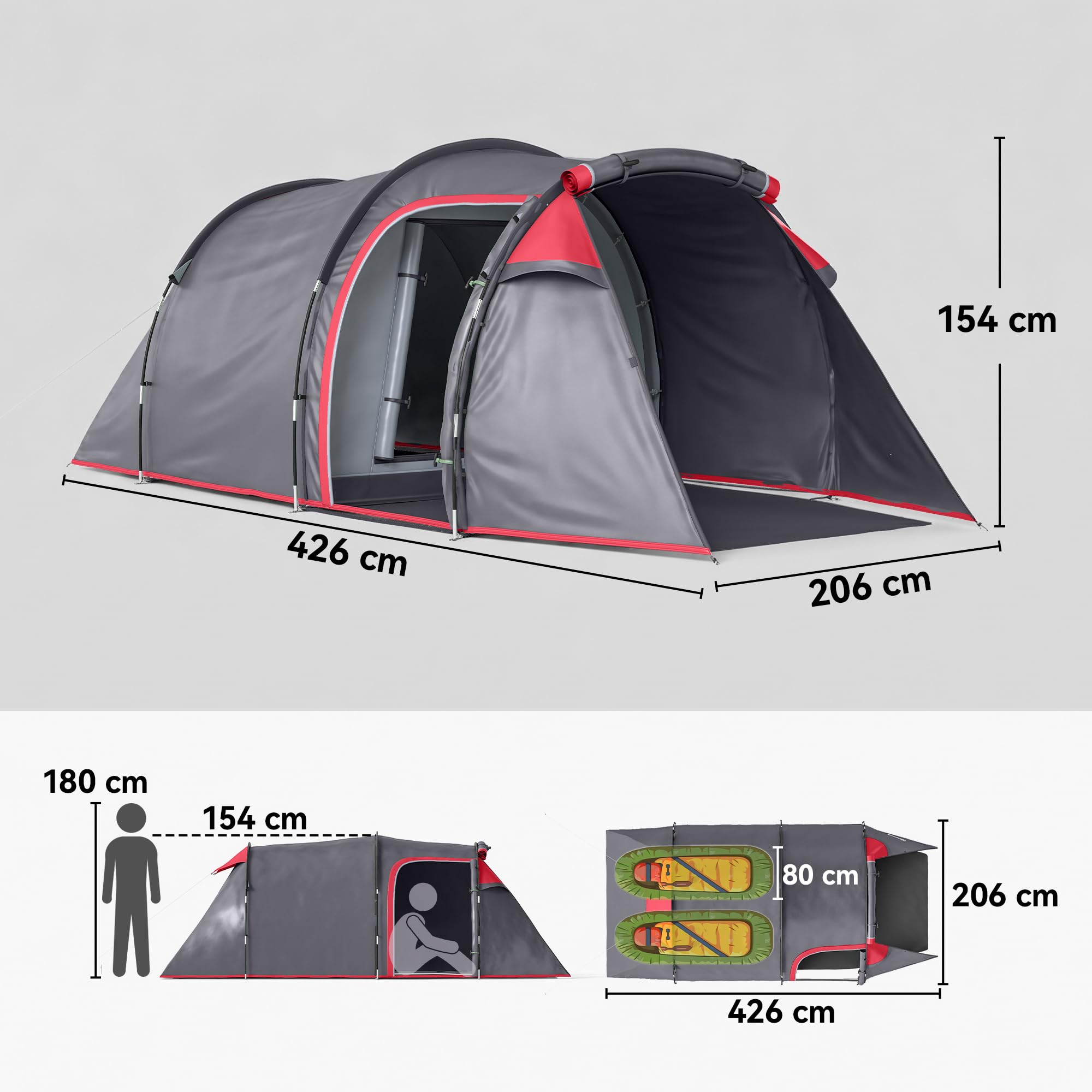 Outsunny Tente de Camping familiale 2 Personnes Tente Tunnel ventilée Facile à Monter Chambre Salon 3 Portes fenêtres 4,26 x 2,06 x 1,54 m Fibre Verre Polyester PE