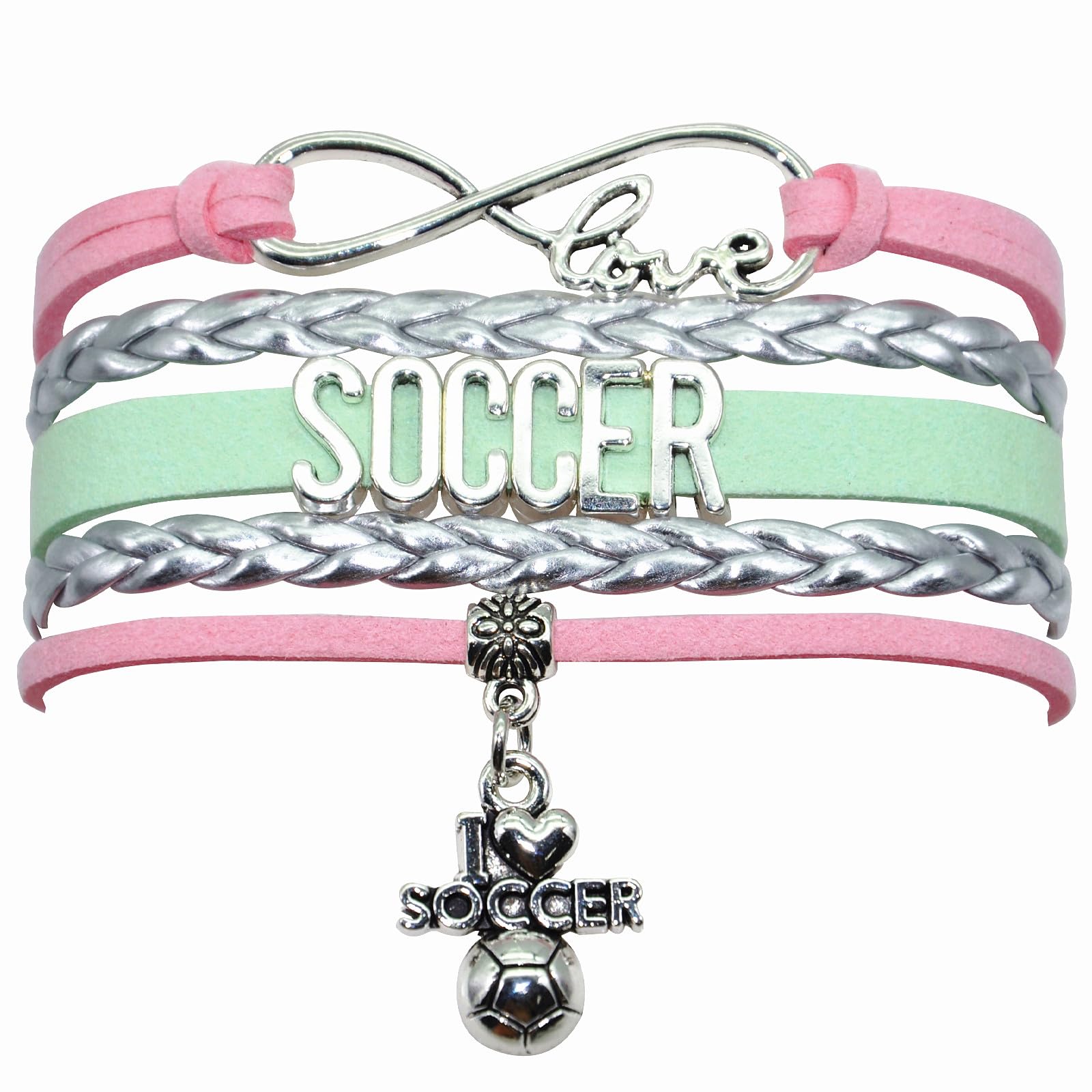 Vikitoriously Soccer Bracelet Infinity Love Soccer Charm Bracelet Jewelry For Women, Men, Adult Soccer Player Fans, Soccer lovers, Team Bulk (Pink Silver and Mint Green)