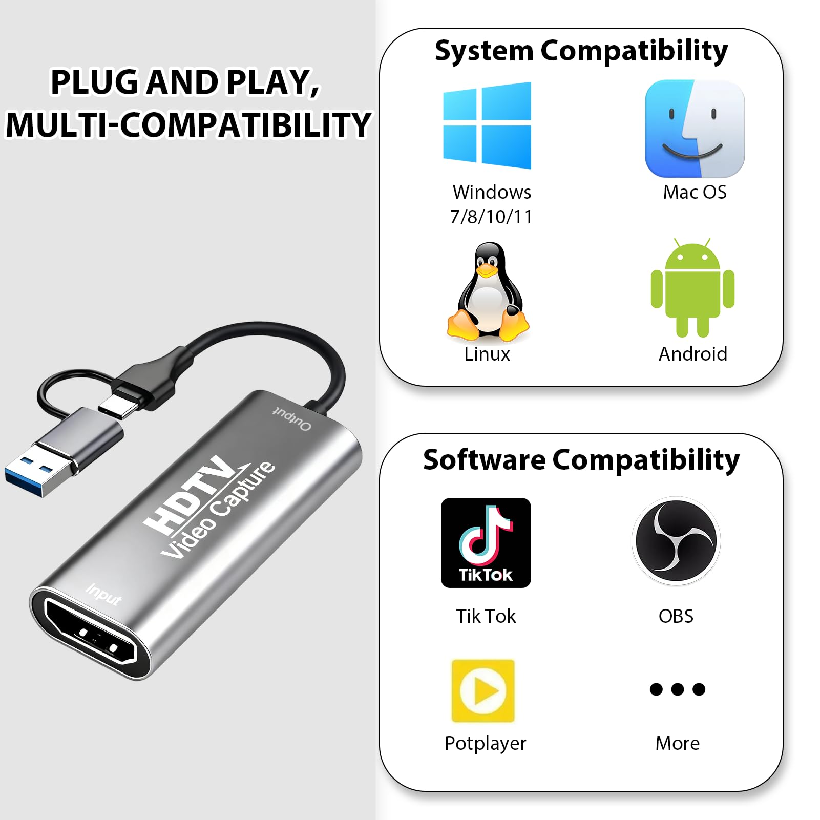 Capturadora de Video HDMI a USB C, Full HD 4K 1080P, Capturadora Video HDMI, Tarjeta de Captura, Capture Card para Edición de Vídeo/Juegos/Transmisión/Enseñanza en Línea