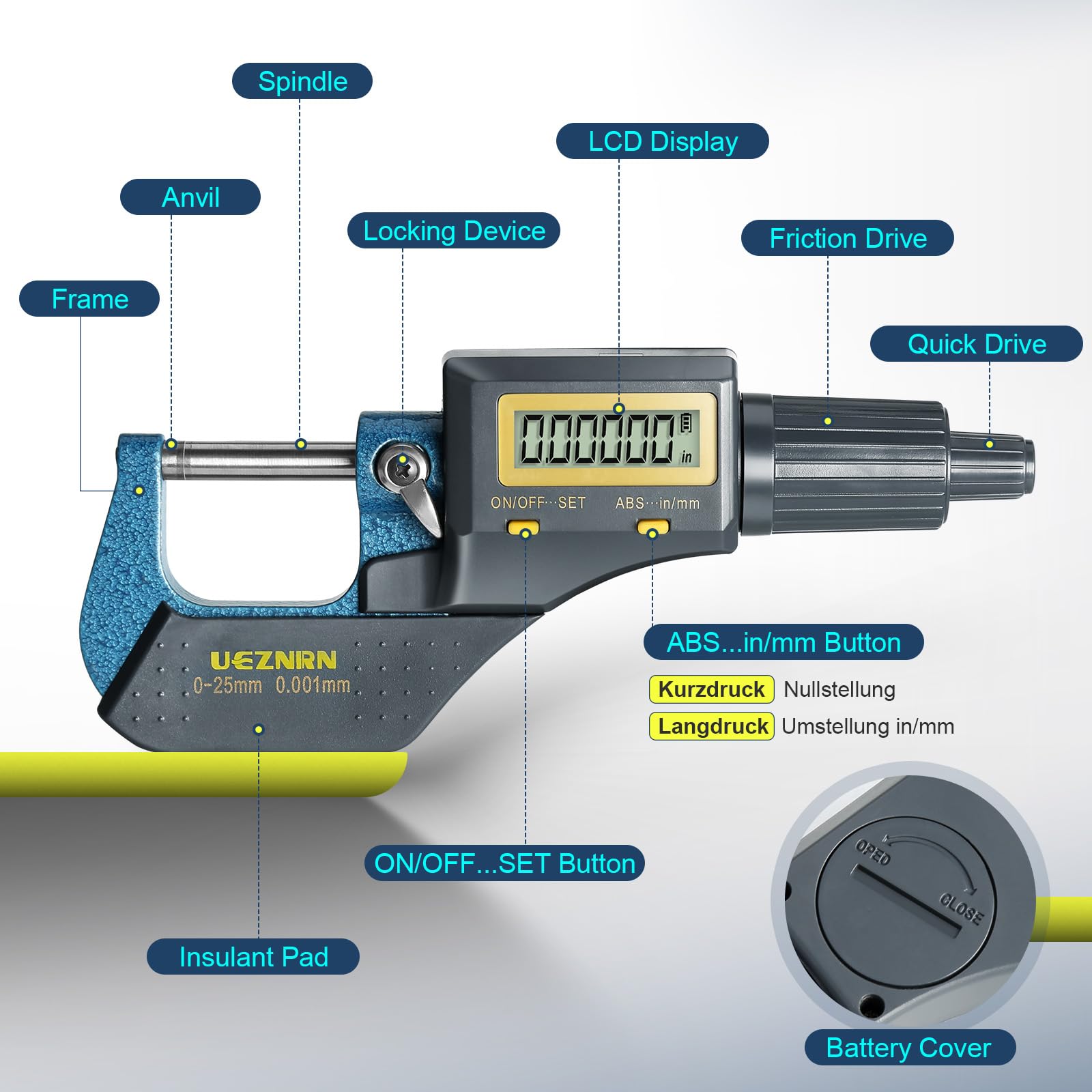 Ueznirn Calibro digitale 0-25 mm 0,001 mm/0,00003" | Micrometro digitale ad alta precisione, misuratore digitale LCD, con attacco per spessore della parete