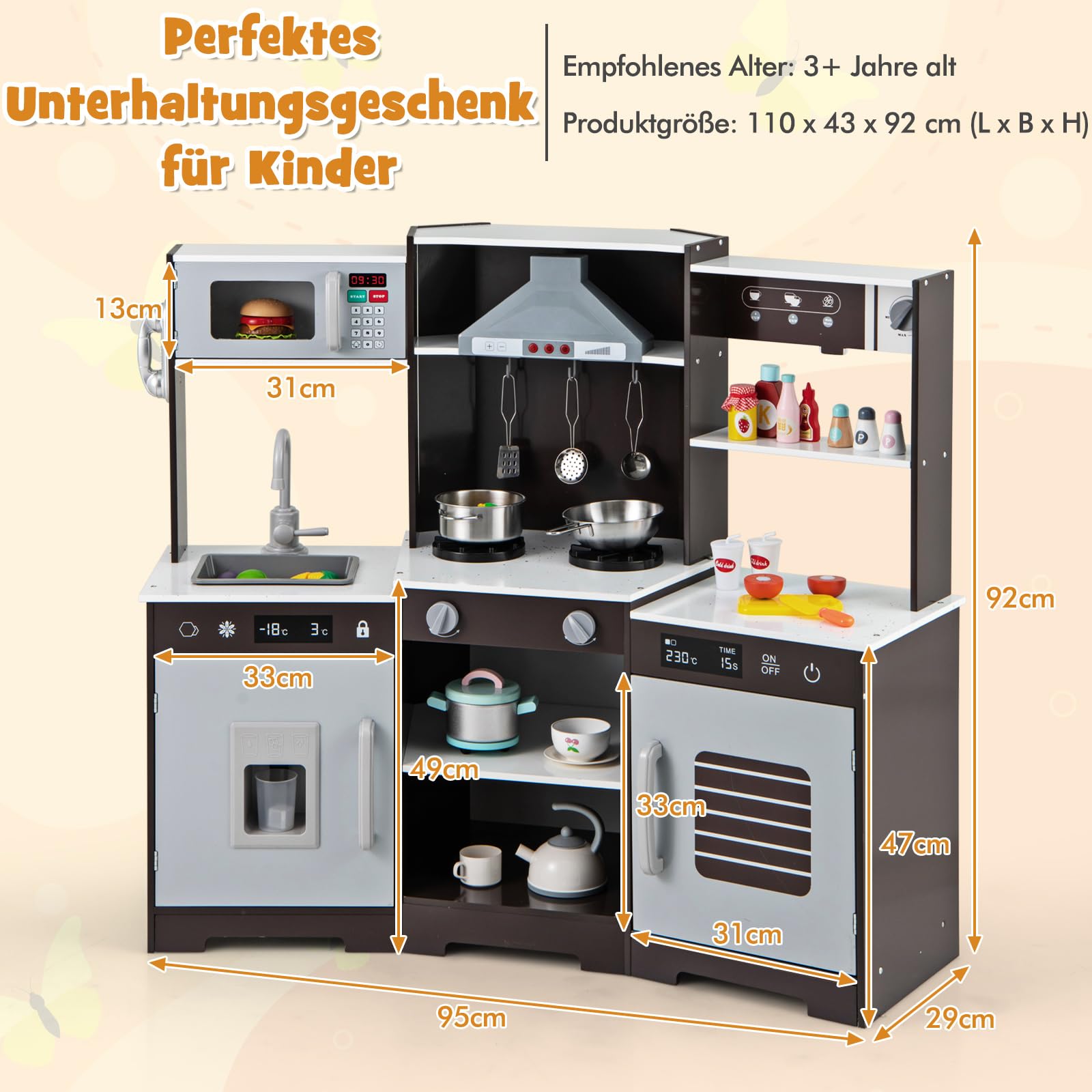 COSTWAY Kinderküche Holz, Spielküche mit Dunstabzugshaube, Spüle, Wasserhahn, Mikrowelle & Ofen, Spielzeugküche mit Lincht und Sound, Holzküche mit Zubehör für Kinder ab 3 Jahren (Braun)