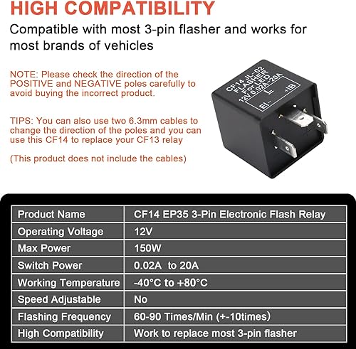 Miniatura 6 de GLOFE (1) 3-Pin 12V CF14 EP35 Electrónico LED Flasher Relay Como LED Relacionado Bombillas de señal de giro Hyper Flash Fix para vehículo de coche
