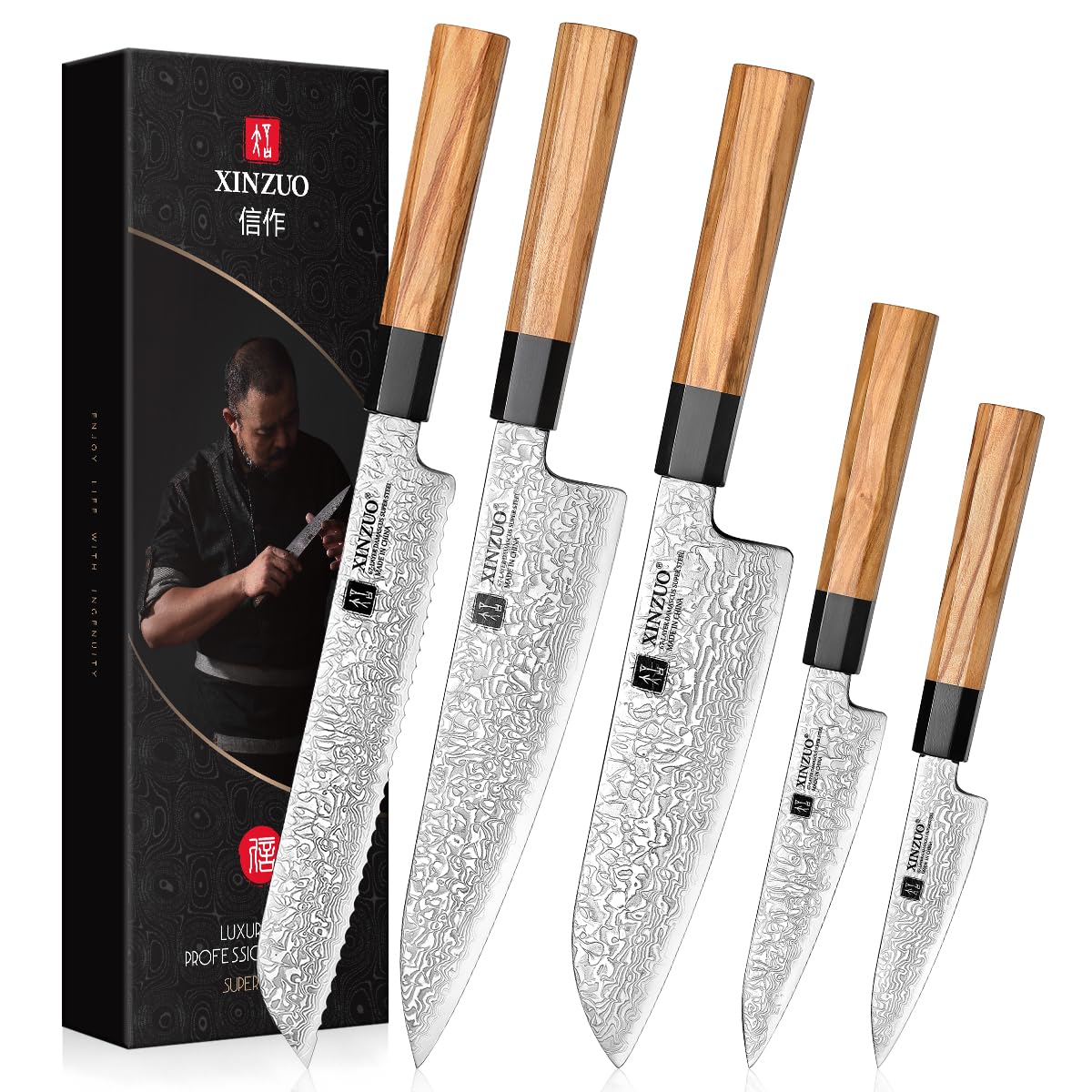 XINZUO Set Cuchillo Cocina 5 Piezas Acero de Damasco Juegos de Cuchillo de Cocinero,Forjado Profesional Hojas Afiladas Cuchillo de Damasco-Chef Santoku Pan Universal Fruta-Mango de Madera de Olivo