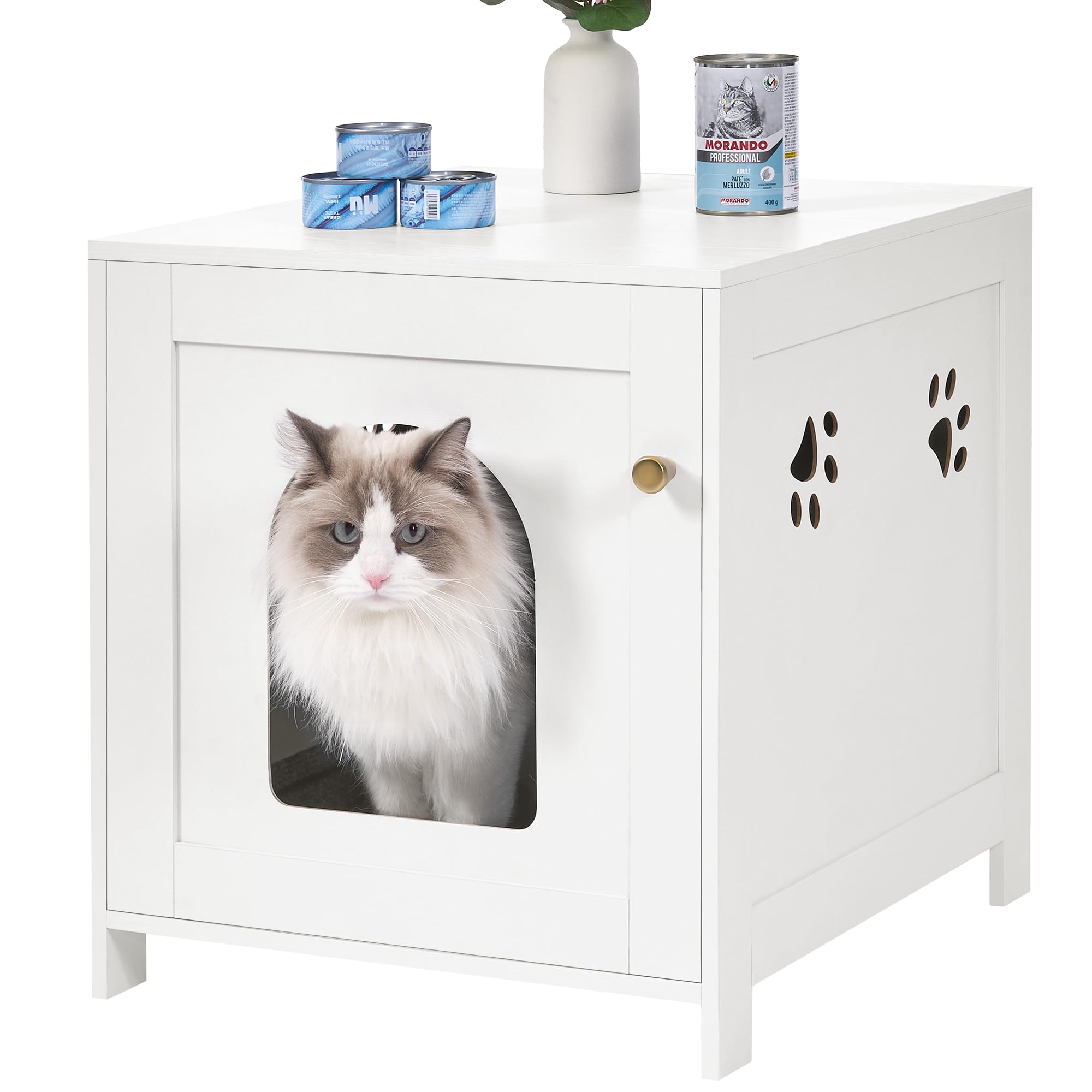 Cat Litter Box Enclosure, 21.6" L Hidden Litter Box Furniture, Wooden Indoor Pet House with Front Arched Door, Side End Table, Nightstand for Living Room, Bedroom, White CB82213X