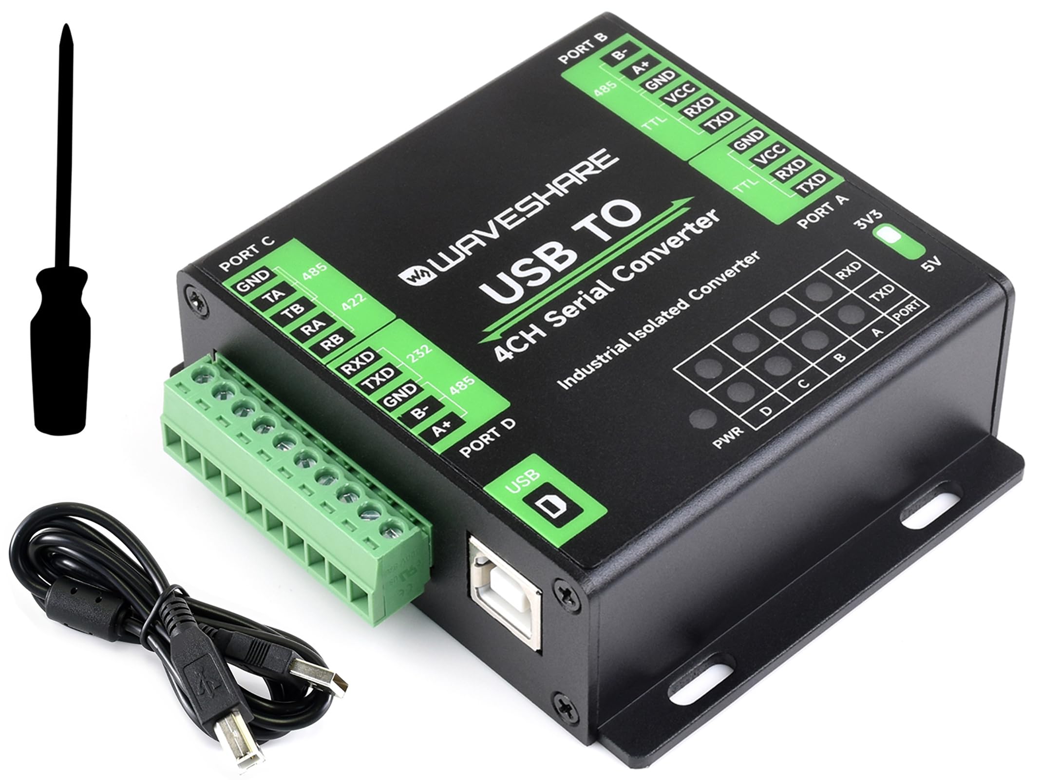 waveshare Industrial USB to 4-CH, USB to RS232/485/422/TTL Serial Converter, Adopts FT4232HL Chip, Support Linux, Android, Windows 11/10 / 8.1/8 / 7,