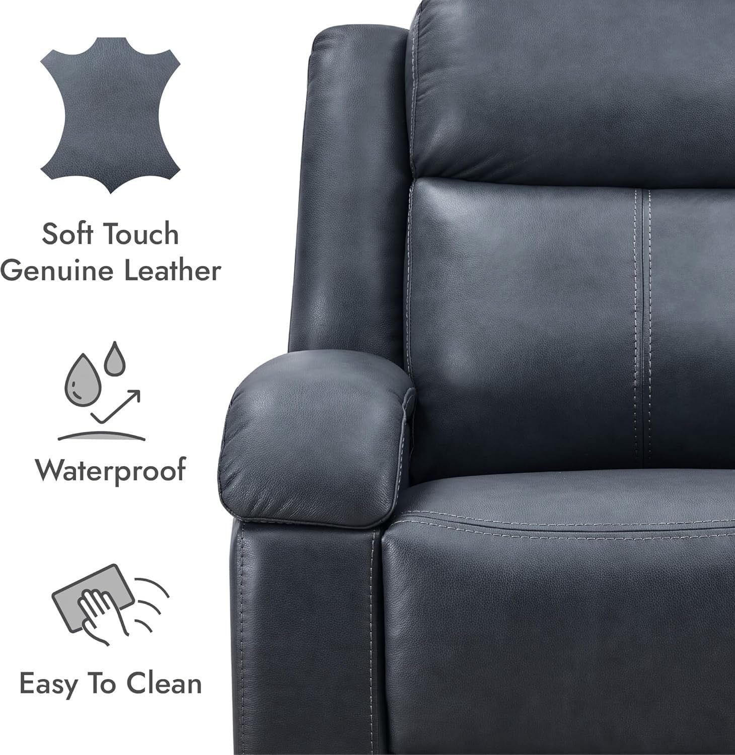 Leather Power Recliner Chair for Adults, Blue Recliner Sofa with Power Headrest & Charging Ports, Electric Recliner Chair for Living Room, Comfortable Leather Seating