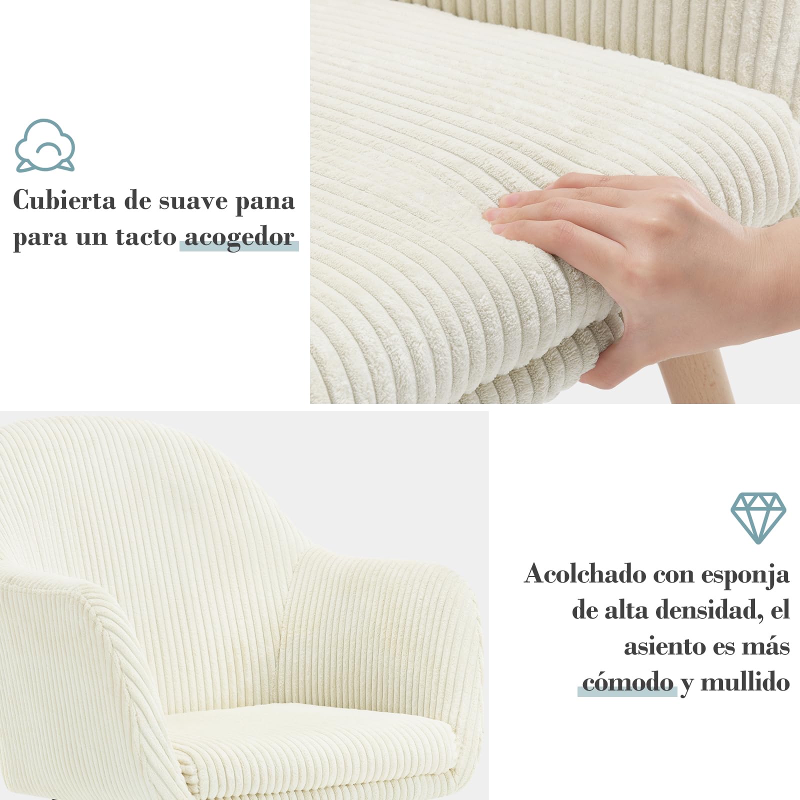 WOLTU Juego de 2 Sillas de Comedo,Terciopelo,Blanco Crema | Respaldo Mediano,cojín Doble Capa,Estructura de Madera,adecuadas para salón y Dormitorio