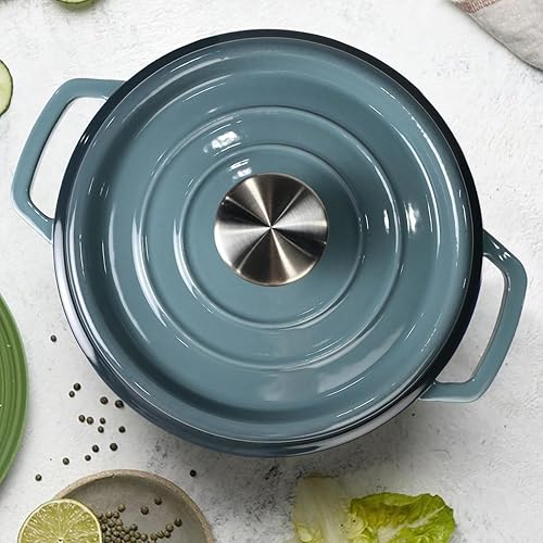 Miniatura 8 de Healthy Choices Olla holandesa de hierro fundido esmaltado de 3 cuartos de galón con tapa, horno holandés pequeño gris para hornear pan, ideal para