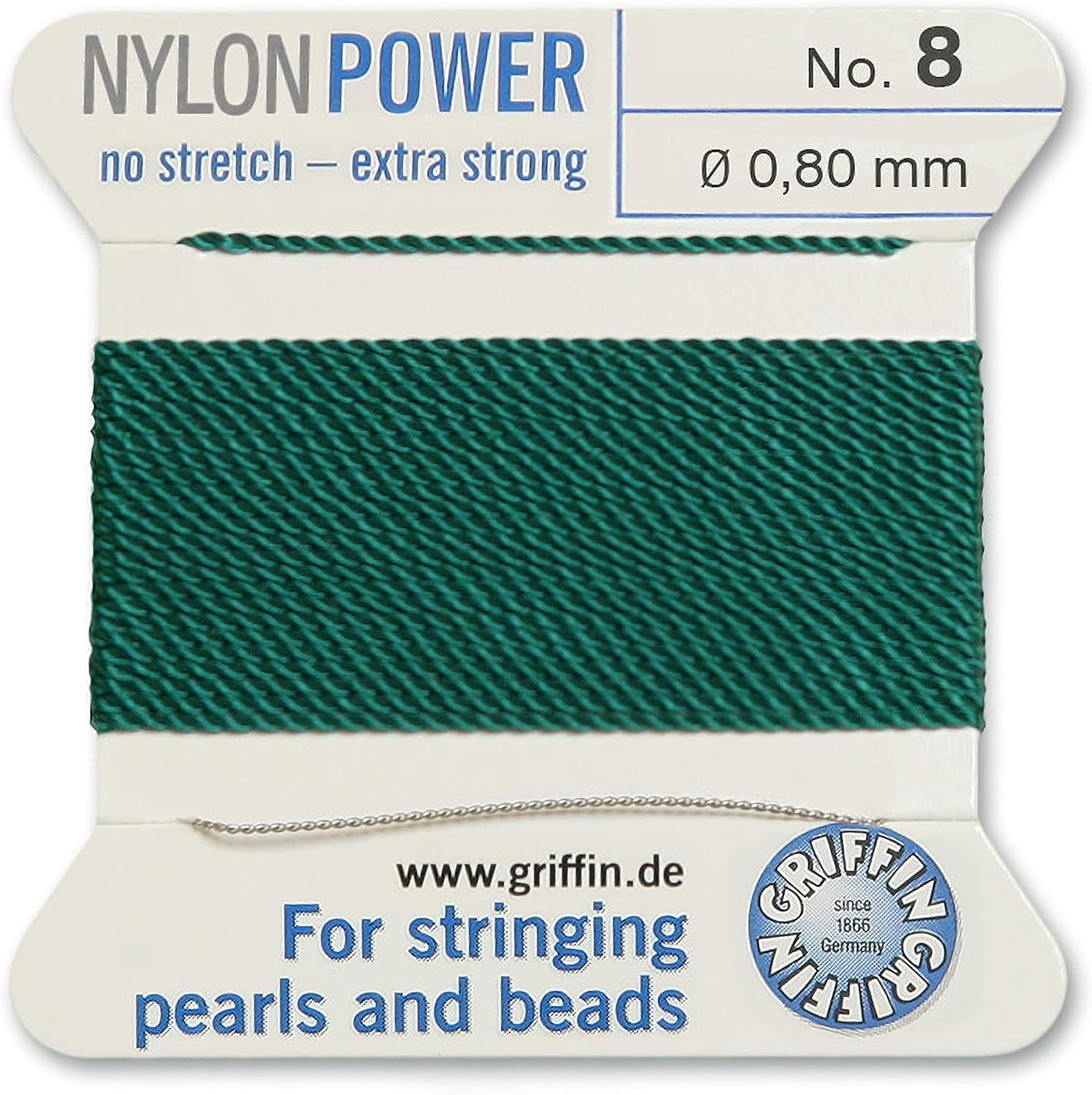 Griffin Bead Cord Nylon Medium Green #8 - Griffin NylonPower with Stainless Steel Needle Attached – for Knotting Pearls, Gemstones, Crystals and Beads