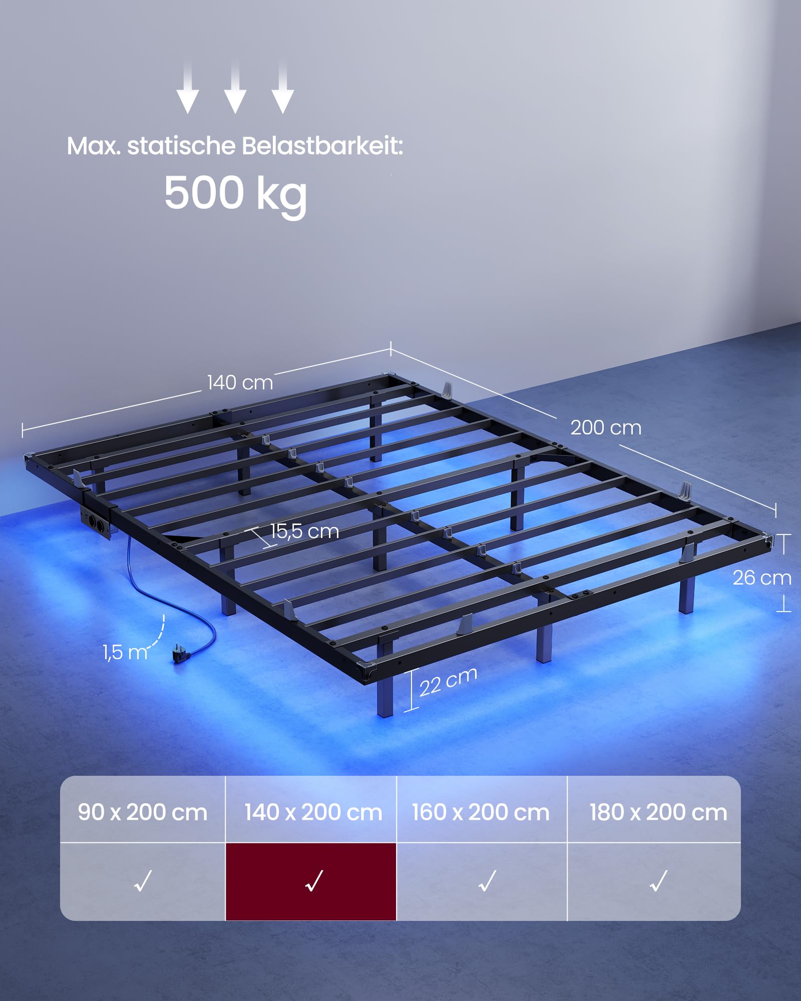 VASAGLE Bettgestell 140 x 200 cm, schwebender Effekt, LED-Beleuchtung, abnehmbare Steckdosenleiste, 2 AC-Steckdosen, 1 USB-C-Anschluss, 2 USB-A-Anschlüsse, trägt bis 500 kg, tintenschwarz RMB174B101