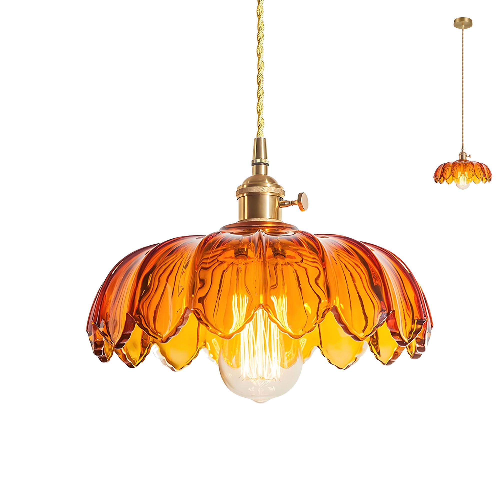 HJXDtech Vintage Crystal Glass Pendant Light, Flower Light Shade, Brass E27 Socket, Height Adjustable Ceiling Hanging Light Fixture for Kitchen Island and Dining Room (Amber) โ image 1