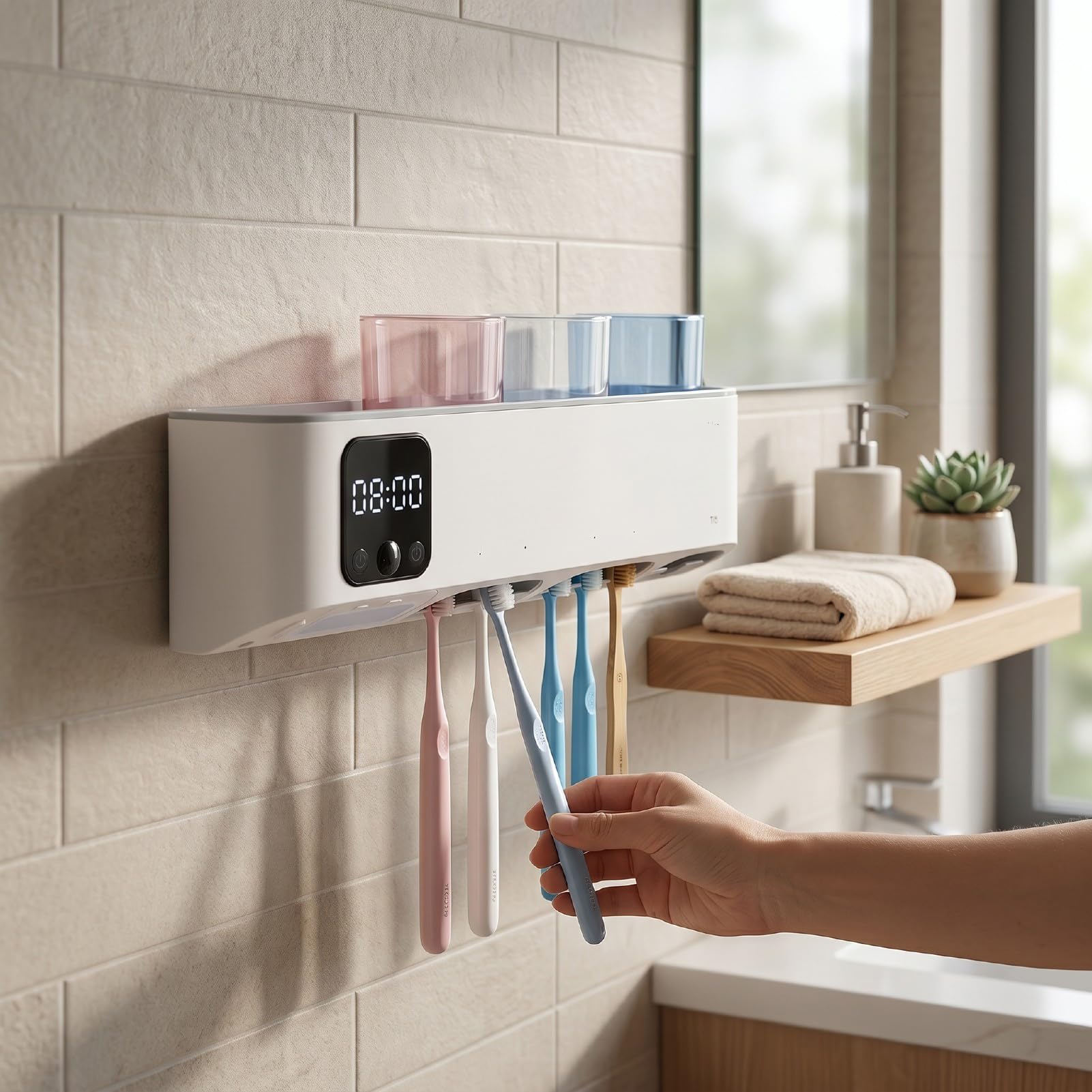 Sxhlseller Soporte para Cepillo de Dientes Eléctrico, Pantalla LED Montada en la Pared, Soporte para Limpiador de Cepillos de Dientes Recargable, Cuenta con un Ciclo de Limpieza Automático