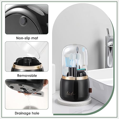 Miniatura 4 de Portacepillos de dientes para baños, giratorio de 7 ranuras con tapa y agua de drenaje, soporte para cepillos de dientes eléctrico para niños y