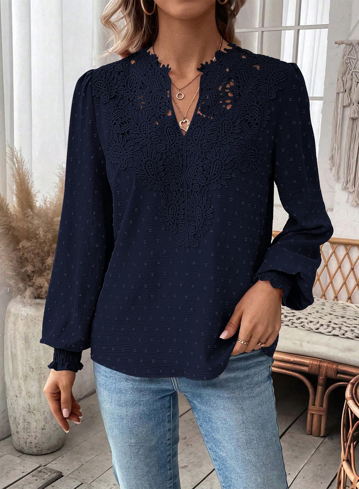 T Shirt Donna Elegante Manica Lunga Magliette Boho Scollo a V Casual | Autunno Volant Camicia, Elegante Abbigliamento, Pizzo Top, Primavera Camicetta, Ricamato Curvy Maglie, Affari Contadino Blusa