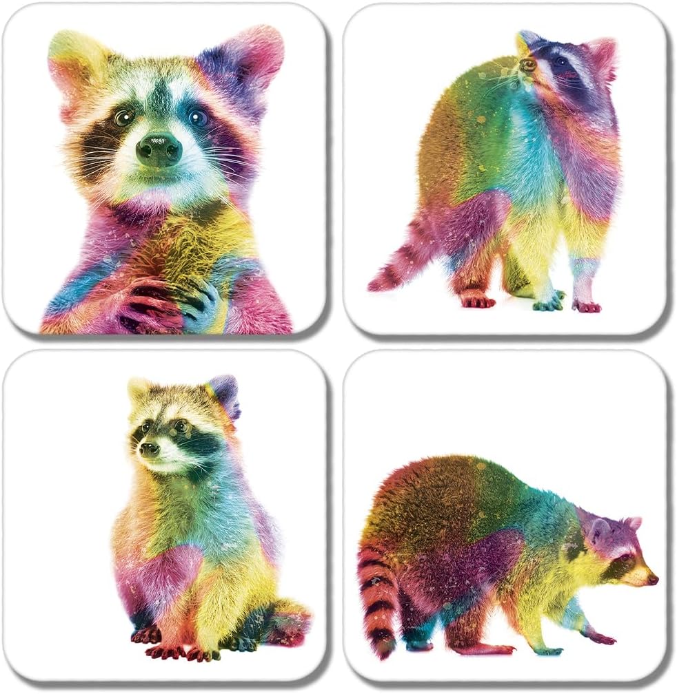 4 x Square Raccoon Coasters - Animals Rainbow Abstract Pop Art Drink ...